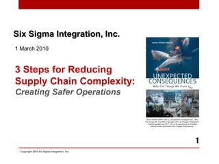 Six Sigma Integration, Inc.
1 March 2010



3 Steps for Reducing
Supply Chain Complexity:
Creating Safer Operations

                                               James William Martin (2011), Unexpected Consequences,- Why
                                              The Things We Trust Fail, Copyright 2011 by Praeger Publications
                                                . Publishing date July 2011. Not to be reproduced or modified
                                                    without written permission from Praeger Publications.




                                                                                                          1
 Copyright 2010 Six Sigma Integration, Inc.
 