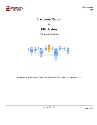 Elli Heaton
I/D
Discovery Report
for
Elli Heaton
Chick-fil-A East Lake
Access code: ACPI-YWGA-DQGS, completed 2016-06-27 , Adult Concise Report v1.2
Copyright 2016 DR
Page 1 of 6
 