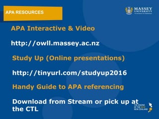 APA Interactive & Video
http://owll.massey.ac.nz
APA RESOURCES
Study Up (Online presentations)
http://tinyurl.com/studyup2016
Handy Guide to APA referencing
Download from Stream or pick up at
the CTL
 