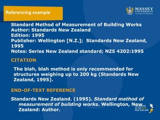 Standard Method of Measurement of Building Works
Author: Standards New Zealand
Edition: 1995
Publisher: Wellington [N.Z.]; Standards New Zealand,
1995
Notes: Series New Zealand standard; NZS 4202:1995
Referencing example
Standards New Zealand. (1995). Standard method of
measurement of building works. Wellington, New
Zealand: Author.
The blah, blah method is only recommended for
structures weighing up to 200 kg (Standards New
Zealand, 1995).
CITATION
END-OF-TEXT REFERENCE
 
