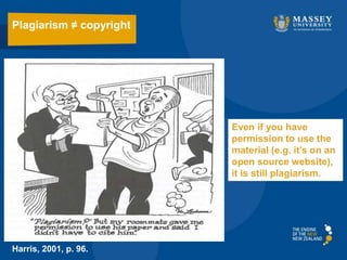 Harris, 2001, p. 96.
Even if you have
permission to use the
material (e.g. it’s on an
open source website),
it is still plagiarism.
Plagiarism ≠ copyright
 