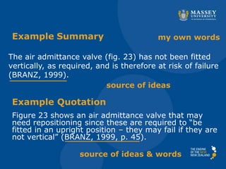 Figure 23 shows an air admittance valve that may
need repositioning since these are required to “be
fitted in an upright position – they may fail if they are
not vertical” (BRANZ, 1999, p. 45).
The air admittance valve (fig. 23) has not been fitted
vertically, as required, and is therefore at risk of failure
(BRANZ, 1999).
Example Quotation
Example Summary my own words
source of ideas
source of ideas & words
 