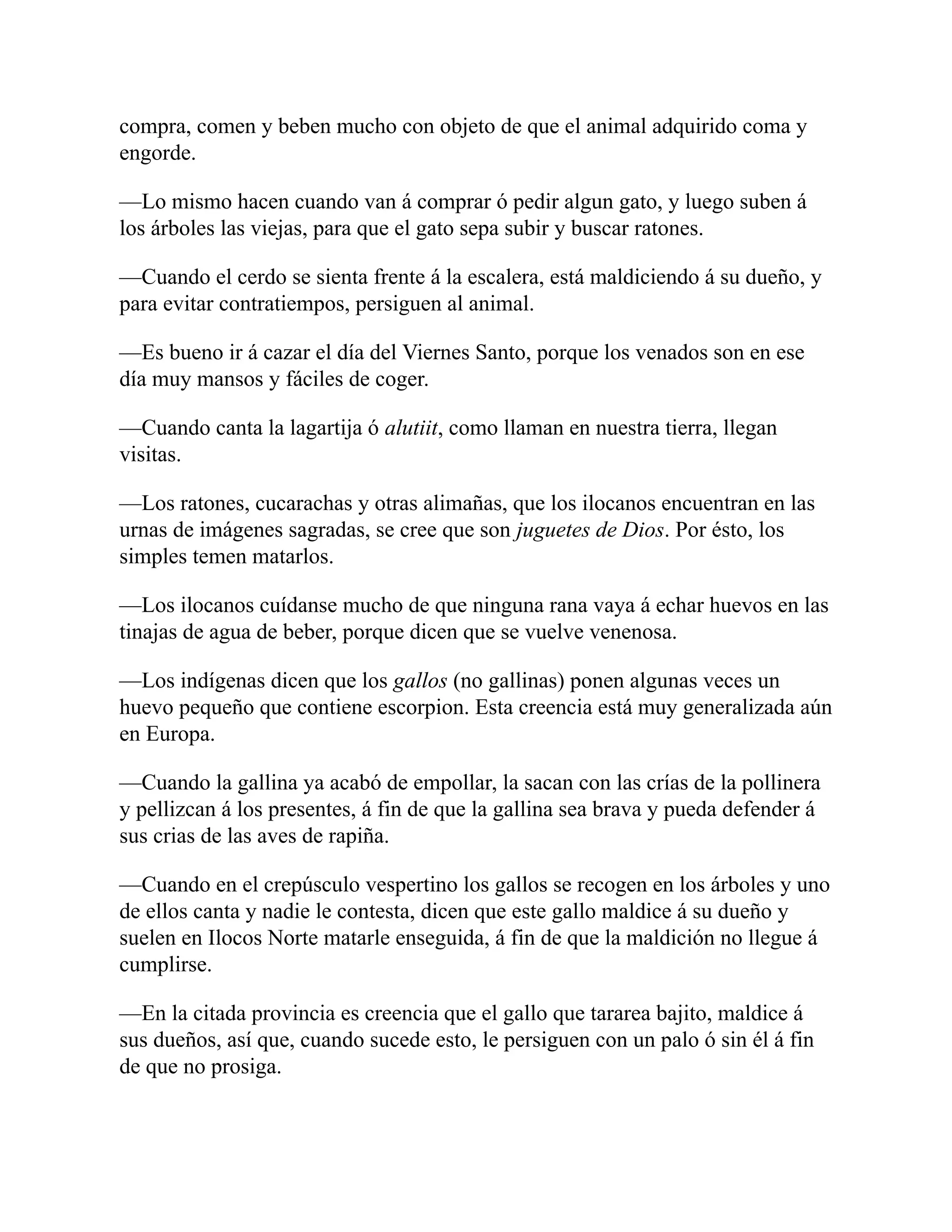compra, comen y beben mucho con objeto de que el animal adquirido coma y
engorde.
—Lo mismo hacen cuando van á comprar ó pedir algun gato, y luego suben á
los árboles las viejas, para que el gato sepa subir y buscar ratones.
—Cuando el cerdo se sienta frente á la escalera, está maldiciendo á su dueño, y
para evitar contratiempos, persiguen al animal.
—Es bueno ir á cazar el día del Viernes Santo, porque los venados son en ese
día muy mansos y fáciles de coger.
—Cuando canta la lagartija ó alutiit, como llaman en nuestra tierra, llegan
visitas.
—Los ratones, cucarachas y otras alimañas, que los ilocanos encuentran en las
urnas de imágenes sagradas, se cree que son juguetes de Dios. Por ésto, los
simples temen matarlos.
—Los ilocanos cuídanse mucho de que ninguna rana vaya á echar huevos en las
tinajas de agua de beber, porque dicen que se vuelve venenosa.
—Los indígenas dicen que los gallos (no gallinas) ponen algunas veces un
huevo pequeño que contiene escorpion. Esta creencia está muy generalizada aún
en Europa.
—Cuando la gallina ya acabó de empollar, la sacan con las crías de la pollinera
y pellizcan á los presentes, á fin de que la gallina sea brava y pueda defender á
sus crias de las aves de rapiña.
—Cuando en el crepúsculo vespertino los gallos se recogen en los árboles y uno
de ellos canta y nadie le contesta, dicen que este gallo maldice á su dueño y
suelen en Ilocos Norte matarle enseguida, á fin de que la maldición no llegue á
cumplirse.
—En la citada provincia es creencia que el gallo que tararea bajito, maldice á
sus dueños, así que, cuando sucede esto, le persiguen con un palo ó sin él á fin
de que no prosiga.
 