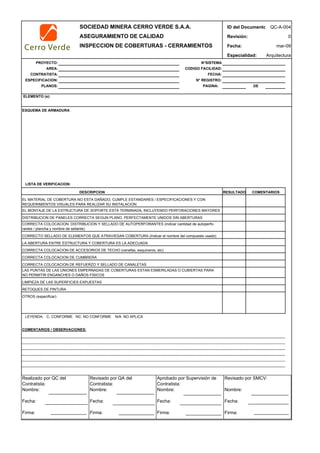 SOCIEDAD MINERA CERRO VERDE S.A.A. ID del Documento
ASEGURAMIENTO DE CALIDAD Revisión:
INSPECCION DE COBERTURAS - CERRAMIENTOS Fecha:
Especialidad:
PROYECTO: N°SISTEMA
AREA: CODIGO FACILIDAD:
CONTRATISTA: FECHA:
ESPECIFICACION: N° REGISTRO:
PLANOS: PAGINA: DE
ELEMENTO (s):
ESQUEMA DE ARMADURA
LISTA DE VERIFICACION:
DESCRIPCION RESULTADO
EL MONTAJE DE LA ESTRUCTURA DE SOPORTE ESTA TERMINADA, INCLUYENDO PERFORACIONES MAYORES
DISTRIBUCION DE PANELES CORRECTA SEGUN PLANO, PERFECTAMENTE UNIDOS SIN ABERTURAS
CORRECTO SELLADO DE ELEMENTOS QUE ATRAVIESAN COBERTURA (Indicar el nombre del compuesto usado)
LA ABERTURA ENTRE ESTRUCTURA Y COBERTURA ES LA ADECUADA
CORRECTA COLOCACION DE ACCESORIOS DE TECHO (cenefas, esquineros, etc)
CORRECTA COLOCACION DE CUMBRERA
CORRECTA COLOCACION DE REFUERZO Y SELLADO DE CANALETAS
LIMPIEZA DE LAS SUPERFICIES EXPUESTAS
RETOQUES DE PINTURA
OTROS (especificar)
LEYENDA: C: CONFORME NC: NO CONFORME N/A: NO APLICA
COMENTARIOS / OBSERVACIONES:
INSPECTOR FECHA
COMENTARIOS
LAS PUNTAS DE LAS UNIONES EMPERNADAS DE COBERTURAS ESTAN ESMERILADAS O CUBIERTAS PARA
NO PERMITIR ENGANCHES O DAÑOS FISICOS
EL MATERIAL DE COBERTURA NO ESTA DAÑADO, CUMPLE ESTANDARES / ESPECIFICACIONES Y CON
REQUERIMIENTOS VISUALES PARA REALIZAR SU INSTALACION.
CORRECTA COLOCACION, DISTRIBUCION Y SELLADO DE AUTOPERFORANTES (indicar cantidad de autoperfo-
rantes / plancha y nombre de sellante)
QC-A-004
0
mar-09
Arquitectura
Realizado por QC del
Contratista:
Nombre:
Fecha:
Firma:
Aprobado por Supervisión de
Contratista:
Nombre:
Fecha:
Firma:
Revisado por QA del
Contratista:
Nombre:
Fecha:
Firma:
Revisado por SMCV:
Nombre:
Fecha:
Firma:
 