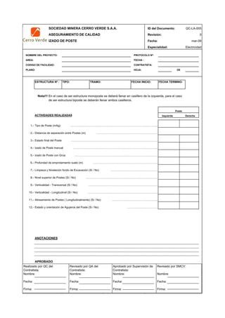 SOCIEDAD MINERA CERRO VERDE S.A.A. ID del Documento: QC-LA-005
ASEGURAMIENTO DE CALIDAD Revisión: 0
IZADO DE POSTE Fecha:
Especialidad: Electricidad
PROTOCOLO Nº:
FECHA :
CONTRATISTA:
HOJA: DE
ESTRUCTURA Nº : TIPO: TRAMO: FECHA INICIO: FECHA TERMINO:
Nota!!! En el caso de ser estructura monoposte se deberá llenar en casillero de la izquierda, para el caso
de ser estructura biposte se deberán llenar ambos casilleros.
ACTIVIDADES REALIZADAS Izquierda Derecha
1.- Tipo de Poste (m/kg) …………………………………………………………………………………..
2.- Distancia de separación entre Postes (m) …………………………………………………………
3.- Estado final del Poste ………………………………………………………………………………….
4.- Izado de Poste manual ………………………………………………………………………………..
5.- Izado de Poste con Grúa ………………………………………………………………………………
6.- Profundad de emprotamiento suelo (m) …………………………………………………………….
7.- Limpieza y Nivelación fondo de Excavación (Si / No) ……………………………………………
8.- Nivel superior de Postes (Si / No) ……………………………………………………………………
9.- Verticalidad - Transversal (Si / No) …………………………………………………………………
10.- Verticalidad - Longitudinal (Si / No) ………………………………………………………………….
11.- Alineamiento de Postes ( Longitudinalmente) (Si / No) …………………………………………..
12.- Estado y orientación de Agujeros del Poste (Si / No) ……………………………
ANOTACIONES
APROBADO
QC Contratista: Supervisor del Contratista: Supervisor SMCV: QA SMCV:
Nombre: …..…………………….. Nombre: …..…………………………………… Nombre: …..…………………………………….. Nombre: …..…………………………………
Fecha: …..……………………….. Fecha: …..……………………………………… Fecha : …..……………………………………….Fecha : …..…………………………………..
Firma: ……………………………. Firma: ………………………………….………. Firma: ………………………………….………… Fecha : ………………………………….……
mar-09
Poste
NOMBRE DEL PROYECTO:
AREA:
CODIGO DE FACILIDAD:
PLANO:
Realizado por QC del
Contratista:
Nombre:
Fecha:
Firma:
Aprobado por Supervisión de
Contratista:
Nombre:
Fecha:
Firma:
Revisado por QA del
Contratista:
Nombre:
Fecha:
Firma:
Revisado por SMCV:
Nombre:
Fecha:
Firma:
 