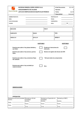 SOCIEDAD MINERA CERRO VERDE S.A.A. ID del Documento: QC-I-001
ASEGURAMIENTO DE CALIDAD Revisión: 0
LISTA DE VERIFICACION DE EQUIPO ELECTRONICO Fecha:
Especialidad: Instrument
NOMBRE PROYECTO: PROTOCOLO Nº:
AREA: FECHA:
COD. DE FACILIDAD: CONTRATISTA:
PLANOS: HOJA: DE
UBICACIÓN ITEM N°
FABRICANTE GRADO TIPO
MODELO N° ESTILO N° SERIE N°
ACEPTABLE ACEPTABLE
Otro:
OBSERVACIONES
APROBACION
QC Contratista: Supervisor del Contratista: Supervisor SMCV: QA SMCV:
Nombre: …..…………………….. Nombre: …..…………………………………… Nombre: …..…………………………………….. Nombre: …..…………………………………
Fecha: …..……………………….. Fecha: …..……………………………………… Fecha : …..……………………………………… Fecha : …..…………………………………..
Firma: ……………………………. Firma: ………………………………….………. Firma: ………………………………….…………Fecha : ………………………………….……
mar-09
Examine para saber si hay suciedad y/o
material extraño.
Prueba por instruciones de
fabricante.
Número de registro del artículo del UPS
* N/A para todos los componentes
Examine para saber si hay piezas dañadas y
que faltan.
Examine para saber si hay tuercas y pernos
flojos.
Examine para saber si hay conexiones flojas
del cableado.
Realizado por QC del Contratista:
Nombre:
Fecha:
Firma:
Aprobado por Supervisión de
Contratista:
Nombre:
Fecha:
Firma:
Revisado por QA del
Contratista:
Nombre:
Fecha:
Firma:
Revisado por SMCV:
Nombre:
Fecha:
Firma:
 