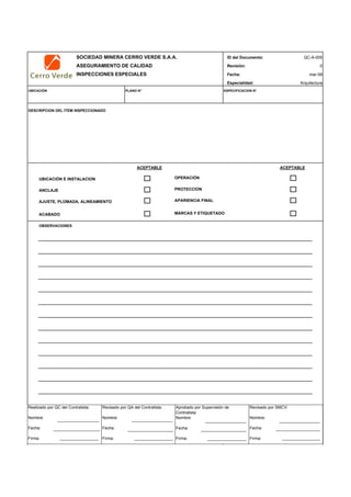 SOCIEDAD MINERA CERRO VERDE S.A.A. ID del Documento:
ASEGURAMIENTO DE CALIDAD Revisión:
INSPECCIONES ESPECIALES Fecha:
Especialidad:
UBICACIÓN PLANO N° ESPECIFICACION N°
DESCRIPCION DEL ITEM INSPECCIONADO
ACEPTABLE ACEPTABLE
UBICACIÓN E INSTALACION
ANCLAJE
AJUSTE, PLOMADA, ALINEAMIENTO
ACABADO
OBSERVACIONES
INSPECTOR FECHA
MARCAS Y ETIQUETADO
OPERACIÓN
PROTECCION
APARIENCIA FINAL
QC-A-005
0
mar-09
Arquitectura
Realizado por QC del Contratista:
Nombre:
Fecha:
Firma:
Aprobado por Supervisión de
Contratista:
Nombre:
Fecha:
Firma:
Revisado por QA del Contratista:
Nombre:
Fecha:
Firma:
Revisado por SMCV:
Nombre:
Fecha:
Firma:
 