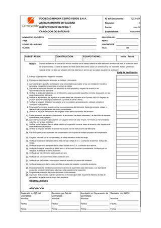 SOCIEDAD MINERA CERRO VERDE S.A.A. ID del Documento: QC-I-004
ASEGURAMIENTO DE CALIDAD Revisión: 0
INSPECCION DE BATERIA Y Fecha:
CARGADOR DE BATERIAS Especialidad: Instrument
NOMBRE DEL PROYECTO: PROTOCOLO Nº:
AREA: FECHA:
CODIGO DE FACILIDAD: CONTRATISTA:
PLANOS: HOJA: DE
1.
2.
3.
4.
5.
6.
7.
8.
9.
10.
11.
12.
13.
14.
15.
16.
17.
18.
19.
20.
21.
22.
23.
24.
25.
OBSERVACIONES
APROBACION
QC Contratista: Supervisor del Contratista: Supervisor SMCV: QA SMCV:
Nombre: …..…………………….. Nombre: …..…………………………………… Nombre: …..……………………………………Nombre: …..…………………………………
Fecha: …..……………………….. Fecha: …..……………………………………… Fecha : …..………………………………………Fecha : …..…………………………………..
Firma: ……………………………. Firma: ………………………………….………. Firma: ………………………………….…………Fecha : ………………………………….……
Programa de protección del equipo terminado y documentado.
Inspección final completa. Los Item pendientes en formato:QC-E-002: Expediente Eléctrico de lista de
pendientes, No debe mostrar ningún item pendiente.
Cuando las baterías se colocan en servicio mientras que el trabajo todavía se está realizando alrededor de ellas, la protección debe
ser proporcionada. La caida de objetos de metal sobre ellas podría causar un cortocircuito o una explosión. Mantas, plásticos o
material similar, no debe ser utilizado sobre las baterías en servicio por que estas requieren de ventilación.
Verifique que los voltimetros esten puesto en cero.
Verifique que los amperimetros esten puesto en cero.
Verifique que los fusibles e interruptores esten de acuerdo con planos del vendedor.
Verifique la operación de los relays y la falla de salida del cargador y contactos de alarma.
Cargador marcado con el compensador y el voltaje elevado a limites de carga
Verifique el relay de detección de falla a tierra o si las luces funcionan correctamente. Verifique que los
relays de la salida de la alarma funcionen.
Verificar que el cargador para la salida máxima y la operación correcta, esten de acuerdo a los requisitos de
especificaciones de proyecto.
verificar la carga del elevador de tensión de acuerdo con las instrucciones del fabricante.
Fije el cargador para la operación del compensador con el ajuste del voltaje apropiado del compensador.
mar-09
El representante del vendedor proporcionara servicio de supervisión para este equipo. Los reportes de
prueba del vendedor deben estar adjuntos a este expediente de inspección.
Entrega a Operaciones / Inspeción completa.
El programa de protección del equipo se instituyó y documento.
Las baterías y los soportes se instalaron y se comprobados para saber si hay una instalación mecánica
apropiada, incluyendo conexiones y el número de celdas.
Las baterías deben ser llenadas con electrólito al nivel apropiado y cargado de acuerdo a las
recomendaciones del fabricante.
Verifique la operación apropiada de los relay de bajo voltaje de C.C. y contactos de alarmas. Indique los
límites.
Verifique la operación apropiada de los relays de falla de la C.A. y contactos de la alarma.
Verificar la placa de identificación del cargador contra planos aprobados del vendedor.
Equipo accesorio por ejemplo: el aerómetro, el termómetro, las llaves especiales, y el electrólito de repuesto
consideraron para la prueba
Las baterías, los soportes de la batería y el cargador deben de estar límpios. Terminales e interconectores
cubiertos con la base protectora.
Verificar el cargador de batería para saber si se ha instalado apropiadamente, cableado completo y
conectado correctamente.
El cargador funciona de acuerdo con las recomendaciones del fabricante. Salida de corriente, voltaje, y
operación de los componentes del control comprobados.
Verificar la acides de la baterias con el hidrometro, para la gravedad especifica correcta, de acuerdo con las
especificaciones del fabricante.
Verificar el aterramiento, los registros de prueba deben ser colocados en el Formato: 660-025 Registro de
pruebas de continuidad (equipos eléctricos y pruebas de barra a tierra)
Lista de Verificación
Nota!!!
Inicio / FechaEQUIPO TAG NO.:CONSTRUCCION:SUBESTACION:
Realizado por QC del
Contratista:
Nombre:
Fecha:
Firma:
Aprobado por Supervisión de
Contratista:
Nombre:
Fecha:
Firma:
Revisado por QA del
Contratista:
Nombre:
Fecha:
Firma:
Revisado por SMCV:
Nombre:
Fecha:
Firma:
 