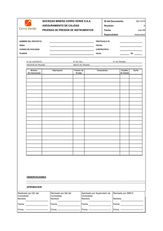 SOCIEDAD MINERA CERRO VERDE S.A.A. ID del Documento: QC-I-010
ASEGURAMIENTO DE CALIDAD Revisión: 0
PRUEBAS DE PRESION DE INSTRUMENTOS Fecha:
Especialidad: Instrument
NOMBRE DEL PROYECTO: PROTOCOLO Nº:
AREA: FECHA:
CODIGO DE FACILIDAD: CONTRATISTA:
PLANOS: HOJA: DE
N° DE CONTRATO.: N° DE TAG.: N° DE PRUEBA.:
PRESION DE PRUEBA MEDIO DE PRUEBA:
Presión de
Prueba
OBSERVACIONES
APROBACION
QC Contratista: Supervisor del Contratista: Supervisor SMCV: QA SMCV:
Nombre: …..…………………….. Nombre: …..…………………………………… Nombre: …..…………………………………….. Nombre: …..…………………….
Fecha: …..……………………….. Fecha: …..……………………………………… Fecha : …..………………………………………. Fecha : …..………………………
Firma: ……………………………. Firma: ………………………………….………. Firma: ………………………………….………… Firma: …………………………..
mar-09
Fecha
De Instrumento
Descripción Comentarios Iniciales
de Cliente
Número
Realizado por QC del
Contratista:
Nombre:
Fecha:
Firma:
Aprobado por Supervisión de
Contratista:
Nombre:
Fecha:
Firma:
Revisado por QA del
Contratista:
Nombre:
Fecha:
Firma:
Revisado por SMCV:
Nombre:
Fecha:
Firma:
 