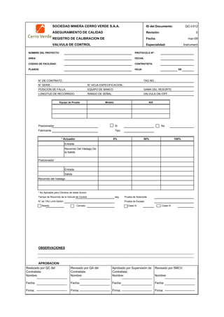 SOCIEDAD MINERA CERRO VERDE S.A.A. ID del Documento: QC-I-012
ASEGURAMIENTO DE CALIDAD Revisión: 0
REGISTRO DE CALIBRACION DE Fecha:
VALVULA DE CONTROL Especialidad: Instrument
NOMBRE DEL PROYECTO: PROTOCOLO Nº:
AREA: FECHA:
CODIGO DE FACILIDAD: CONTRATISTA:
PLANOS: HOJA: DE
N° DE CONTRATO.: TAG NO.:
N° SERIE.: N° HOJA ESPECIFICACION.:
POSICION DE FALLA: EQUIPO DE BANCO: GAMA DEL RESORTE:
LONGITUD DE RECORRIDO: RANGO DE SEÑAL: VALVULA ON /OFF :
Posicionador Si No
Fabricante Tipo
Entrada
Posicionador
Entrada
Salida
Recorrido del Vastago
* No Aplicable para Cilindros de doble Accion
Tiempo de Recorrido de la Valvula de Control seg Prueba de Solenoide
N° de TAG Limit Switch Prueba de Escape
Abierto Cerrado Clase III Clase IV
OBSERVACIONES
APROBACION
QC Contratista: Supervisor del Contratista: Supervisor SMCV: QA SMCV:
Nombre: …..…………………….. Nombre: …..…………………………………… Nombre: …..…………………………………….. Nombre: …..…………………….
Fecha: …..……………………….. Fecha: …..……………………………………… Fecha : …..………………………………………. Fecha : …..………………………
Firma: ……………………………. Firma: ………………………………….………. Firma: ………………………………….………… Firma: …………………………..
mar-09
Recorrido Del Vástago De
la Salida
Equipo de Prueba Modelo N/S
* Actuador 0% 50% 100%
Realizado por QC del
Contratista:
Nombre:
Fecha:
Firma:
Aprobado por Supervisión de
Contratista:
Nombre:
Fecha:
Firma:
Revisado por QA del
Contratista:
Nombre:
Fecha:
Firma:
Revisado por SMCV:
Nombre:
Fecha:
Firma:
 