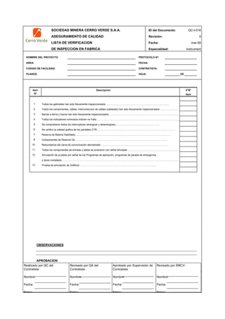 SOCIEDAD MINERA CERRO VERDE S.A.A. ID del Documento: QC-I-016
ASEGURAMIENTO DE CALIDAD Revisión: 0
LISTA DE VERIFICACION Fecha:
DE INSPECCION EN FABRICA Especialidad: Instrument
NOMBRE DEL PROYECTO: PROTOCOLO Nº:
AREA: FECHA:
CODIGO DE FACILIDAD: CONTRATISTA:
PLANOS: HOJA: DE
Descripcion
1. Todos los gabinetes han sido fisicamente inspeccionados ……...……...………...……………………………………...…
2.
3.
4.
5.
6.
7.
8.
10.
11.
12.
13.
OBSERVACIONES
APROBACION
QC Contratista: Supervisor del Contratista: Supervisor SMCV: QA SMCV:
Nombre: …..…………………….. Nombre: …..…………………………………… Nombre: …..…………………………………….. Nombre: …..…………………….
Fecha: …..……………………….. Fecha: …..……………………………………… Fecha : …..………………………………………. Fecha : …..………………………
Firma: ……………………………. Firma: ………………………………….………. Firma: ………………………………….………… Firma: …………………………..
mar-09
Simulación de pruebas por señal de los Programas de aplicación, programas de parada de emergencia .
Item
N°
Todos los indicadores luminosos indican no Falla………………..………………………………………………………………………
Barras a tierra y fuerza han sido fisicamente inspeccionados……………………………..…………………………………………..
Todos los componentes, cables, interconeccion de cables (cableado) han sido fisicamente inspeccionados ……………………
Prueba de simulación de Gráficos ……………………………………………...………………………………..
V°B°
Item
Se comprobaron todos los interruptores (energizar y desenergizar)……………………………………………..
Se verifico la calidad grafica de los pantallas CTR………………………………………………………………...………………..
Reserva de Batería Habilitado…………………………………...…………………….………………………………………….
Componentes de Reserva Ok…………………………………………………………………………..……………………..
y lazos complejos ……………………………………………………………………………………………………………………………
Redundancia del canal de comunicación demostrado ……………………………………………………..……………….
Todos los componentes de entrada y salida se probraron con señal simulada ………………………………………………………
Realizado por QC del
Contratista:
Nombre:
Fecha:
Firma:
Aprobado por Supervisión de
Contratista:
Nombre:
Fecha:
Firma:
Revisado por QA del
Contratista:
Nombre:
Fecha:
Firma:
Revisado por SMCV:
Nombre:
Fecha:
Firma:
 