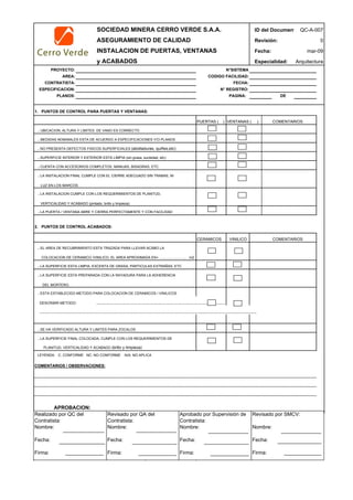 SOCIEDAD MINERA CERRO VERDE S.A.A. ID del Document
ASEGURAMIENTO DE CALIDAD Revisión:
INSTALACION DE PUERTAS, VENTANAS Fecha:
y ACABADOS Especialidad:
PROYECTO: N°SISTEMA
AREA: CODIGO FACILIDAD:
CONTRATISTA: FECHA:
ESPECIFICACION: N° REGISTRO:
PLANOS: PAGINA: DE
1. PUNTOS DE CONTROL PARA PUERTAS Y VENTANAS:
PUERTAS ( ) VENTANAS ( ) COMENTARIOS
. UBICACION, ALTURA Y LIMITES DE VANO ES CORRECTO
. MEDIDAS NOMINALES ESTA DE ACUERDO A ESPECIFICACIONES Y/O PLANOS
. NO PRESENTA DEFECTOS FISICOS SUPERFICIALES (abolladuras, quiñes,etc)
. SUPERFICIE INTERIOR Y EXTERIOR ESTA LIMPIA (sin grasa, suciedad, etc)
. CUENTA CON ACCESORIOS COMPLETOS, MANIJAS, BISAGRAS, ETC.
. LA INSTALACION FINAL CUMPLE CON EL CIERRE ADECUADO SIN TRABAS, NI
LUZ EN LOS MARCOS
. LA INSTALACION CUMPLE CON LOS REQUERIMIENTOS DE PLANITUD,
VERTICALIDAD Y ACABADO (pintado, brillo y limpieza)
. LA PUERTA / VENTANA ABRE Y CIERRA PERFECTAMENTE Y CON FACILIDAD
2. PUNTOS DE CONTROL ACABADOS:
CERAMICOS VINILICO COMENTARIOS
. EL AREA DE RECUBRIMIENTO ESTA TRAZADA PARA LLEVAR ACABO LA
COLOCACION DE CERAMICO /VINILICO, EL AREA APROXIMADA ES= ………………….. m2
. LA SUPERFICIE ESTA LIMPIA, EXCENTA DE GRASA, PARTICULAS EXTRAÑAS, ETC
. LA SUPERFICIE ESTA PREPARADA CON LA RAYADURA PARA LA ADHERENCIA
DEL MORTERO.
. ESTA ESTABLECIDO METODO PARA COLOCACION DE CERAMICOS / VINILICOS
DESCRIBIR METODO: ……………………………………………………………………………………………….
…………………………………………………………………………………………………………………………………………………………………
. SE HA VERIFICADO ALTURA Y LIMITES PARA ZOCALOS
. LA SUPERFICIE FINAL COLOCADA, CUMPLE CON LOS REQUERIMIENTOS DE
PLANITUD, VERTICALIDAD Y ACABADO (brillo y limpieza)
LEYENDA: C: CONFORME NC: NO CONFORME N/A: NO APLICA
COMENTARIOS / OBSERVACIONES:
APROBACION:
INSPECTOR FECHA
QC-A-007
0
mar-09
Arquitectura
Realizado por QC del
Contratista:
Nombre:
Fecha:
Firma:
Aprobado por Supervisión de
Contratista:
Nombre:
Fecha:
Firma:
Revisado por QA del
Contratista:
Nombre:
Fecha:
Firma:
Revisado por SMCV:
Nombre:
Fecha:
Firma:
 
