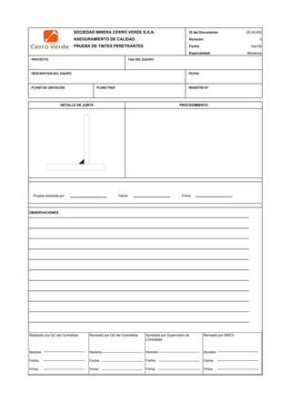 SOCIEDAD MINERA CERRO VERDE S.A.A. ID del Documento:
ASEGURAMIENTO DE CALIDAD Revisión:
PRUEBA DE TINTES PENETRANTES Fecha: mar-09
Especialidad:
PROYECTO TAG DEL EQUIPO
DESCRIPCION DEL EQUIPO FECHA
PLANO DE UBICACIÓN PLANO P&ID REGISTRO Nª
OBSERVACIONES
QC Contratista: Supervisor del Contratista: Supervisor SMCV: QA SMCV:
Nombre: …..…………………….. Nombre: …..…………………………………… Nombre: …..…………………………………….. Nombre: …..…………………………
Fecha: …..……………………….. Fecha: …..……………………………………… Fecha : …..………………………………………. Fecha : …..……………………………
Firma: ……………………………. Firma: ………………………………….………. Firma: ………………………………….………… Firma : ………………………………
QC-M-002
0
Mecánica
DETALLE DE JUNTA PROCEDIMIENTO
Prueba realizada por Fecha Firma
Realizado por QC del Contratista:
Nombre:
Fecha:
Firma:
Aprobado por Supervisión de
Contratista:
Nombre:
Fecha:
Firma:
Revisado por QA del Contratista:
Nombre:
Fecha:
Firma:
Revisado por SMCV:
Nombre:
Fecha:
Firma:
 