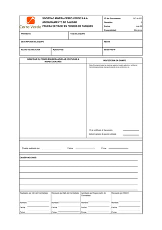 SOCIEDAD MINERA CERRO VERDE S.A.A. ID del Documento:
ASEGURAMIENTO DE CALIDAD Revisión: 0
PRUEBA DE VACIO EN FONDOS DE TANQUES Fecha:
Especialidad:
PROYECTO TAG DEL EQUIPO
DESCRIPCION DEL EQUIPO FECHA
PLANO DE UBICACIÓN PLANO P&ID REGISTRO Nª
OBSERVACIONES
QC Contratista: Supervisor del Contratista: Supervisor SMCV: QA SMCV:
Nombre: …..…………………….. Nombre: …..…………………………………… Nombre: …..…………………………………….. Nombre: …..……………………
Fecha: …..……………………….. Fecha: …..……………………………………… Fecha : …..………………………………………. Fecha : …..………………………
Firma: ……………………………. Firma: ………………………………….………. Firma: ………………………………….………… Fecha : …………………………
INSPECCION EN CAMPO
QC-M-003
mar-09
Mecánica
GRAFICAR EL FONDO ENUMERANDO LAS COSTURAS A
INSPECCIONARSE
Prueba realizada por Fecha Firma
Nota: Enumerar todas las costuras según el cuadro adjunto y verificar la
hermeticidada de las mismas indicando si es conforme o no.
Nª de certificado de Vacuometro
Indicar la presión de succión utilizada
Realizado por QC del Contratista:
Nombre:
Fecha:
Firma:
Aprobado por Supervisión de
Contratista:
Nombre:
Fecha:
Firma:
Revisado por QA del Contratista:
Nombre:
Fecha:
Firma:
Revisado por SMCV:
Nombre:
Fecha:
Firma:
 