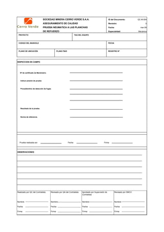 SOCIEDAD MINERA CERRO VERDE S.A.A. ID del Documento: QC-M-004
ASEGURAMIENTO DE CALIDAD Revisión: 0
PRUEBA NEUMATICA A LAS PLANCHAS Fecha:
DE REFUERZO Especialidad: Mecánica
PROYECTO TAG DEL EQUIPO
CODIGO DEL MANHOLE FECHA
PLANO DE UBICACIÓN PLANO P&ID REGISTRO Nª
OBSERVACIONES
QC Contratista: Supervisor del Contratista: Supervisor SMCV: QA SMCV:
Nombre: …..…………………….. Nombre: …..…………………………………… Nombre: …..…………………………………….. Nombre: …..…………………
Fecha: …..……………………….. Fecha: …..……………………………………… Fecha : …..………………………………………. Fecha : …..……………………
Firma: ……………………………. Firma: ………………………………….………. Firma: ………………………………….………… Firma: …………………………
INSPECCION EN CAMPO
mar-09
Prueba realizada por Fecha Firma
Nª de certificado de Manómetro.
Indicar presión de prueba
Procediemitno de detección de fugas.
Resultado de la prueba.
Norma de referencia.
Realizado por QC del Contratista:
Nombre:
Fecha:
Firma:
Aprobado por Supervisión de
Contratista:
Nombre:
Fecha:
Firma:
Revisado por QA del Contratista:
Nombre:
Fecha:
Firma:
Revisado por SMCV:
Nombre:
Fecha:
Firma:
 