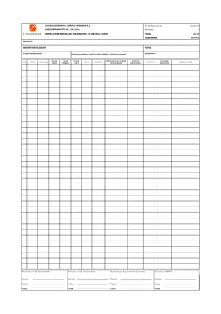 SOCIEDAD MINERA CERRO VERDE S.A.A. ID del Documento: QC-M-013
ASEGURAMIENTO DE CALIDAD Revisión: 0
INSPECCION VISUAL DE SOLDADURA EN ESTRUCTURAS Fecha: mar-09
Especialidad: Mecánica
PROYECTO
DESCRIPCION DEL EQUIPO FECHA
PLANO DE UBICACIÓN REGISTRO Nª
ITEM JUNTA LONG.. (Plg)
FECHA
INICIO
FECHA
TERMINO
TIPO DE
JUNTA
W.P.S. SOLDADOR
INSPECCION DEL CORDON
DE SOLDADURA
DEFECTO
ENCONTRADO
INSPECTOR
FECHA DE
INSPECCION
OBSERVACIONES
QC Contratista: Supervisor del Contratista: Supervisor SMCV: QA SMCV:
Nombre: …..…………………….. Nombre: …..…………………………………… Nombre: …..…………………………………….. Nombre: …..…………………………
Fecha: …..……………………….. Fecha: …..……………………………………… Fecha : …..………………………………………. Fecha : …..……………………………
Firma: ……………………………. Firma: ………………………………….………. Firma: ………………………………….………… Firma: ………………………………
NOTA: ADJUNTAR PLANO DE UBICACIÓN DE JUNTAS SOLDADAS
Realizado por QC del Contratista:
Nombre:
Fecha:
Firma:
Aprobado por Supervisión de Contratista:
Nombre:
Fecha:
Firma:
Revisado por QA del Contratista:
Nombre:
Fecha:
Firma:
Revisado por SMCV:
Nombre:
Fecha:
Firma:
 