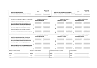 FECHA
INICIALES DEL
INSPECTOR DATE
INICIALES DEL
INSPECTOR
INSPECCION DE ALINEAMIENTO INSPECCION DEL ENSAMBLE (FLOATING ROOF)
INSPECCION DE SOLDADURA COSTURAS VERTICALES DETALLE DE SOLDADURA E INSPECCION DE SOLDADURA
Favor incluir la fecha y las iniciales del inspector en las líneas provistas
ESPESOR DE PLANCHA ESPESOR DE PLANCHA ESPESOR DE PLANCHA
INSPECCION DE ALINEAMIENTO DE LAS PLANCHAS
INSPECCION DE CINCELADO DE COSTURA VERTICAL
INSPECCION FINAL SOLDADURA COSTURA VERTICAL I I I
O O O
INSPECCION DE SOLDADURA DE CASCO Y FONDO I I I
O O O
INSPECCION DE CINCELADO COSTURA HORIZONTAL
INSPECCION FINAL SOLDADURA COSTURA HORIZONTAL I I I
O O O
ESPESOR DE PLANCHA ESPESOR DE PLANCHA ESPESOR DE PLANCHA
INSPECCION DE ALINEAMIENTO DE LAS PLANCHAS
INSPECCION DE CINCELADO DE COSTURA VERTICAL
INSPECCION FINAL SOLDADURA COSTURA VERTICAL I I I
O O O
INSPECCION DE SOLDADURA DE CASCO Y FONDO I I I
O O O
INSPECCION DE CINCELADO COSTURAS HORIZONTALES
INSPECCION FINAL SOLDADURA COSTURA HORIZONTAL I I I
O O O
ACABADO DEL ANILLO N° 4 ACABADO DEL ANILLO N° 5 ACABADO DEL ANILLO N° 6
CASCO
ACABADO DEL ANILLO N° 1 ACABADO DEL ANILLO N° 2 ACABADO DEL ANILLO N° 3
Realizado por QC del Contratista:
Nombre:
Fecha:
Firma:
Aprobado por Supervisión de Contratista:
Nombre:
Fecha:
Firma:
Revisado por QA del Contratista:
Nombre:
Fecha:
Firma:
Revisado por SMCV:
Nombre:
Fecha:
Firma:
 