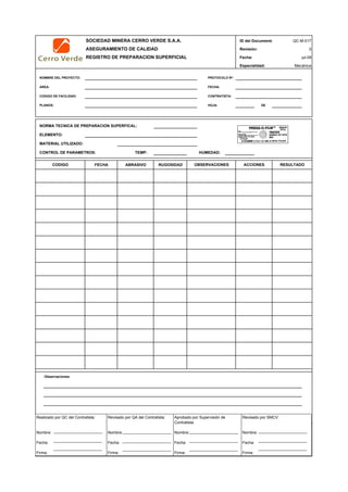 SOCIEDAD MINERA CERRO VERDE S.A.A. ID del Documento
ASEGURAMIENTO DE CALIDAD Revisión:
REGISTRO DE PREPARACION SUPERFICIAL Fecha:
Especialidad:
NOMBRE DEL PROYECTO: PROTOCOLO Nº:
AREA: FECHA:
CODIGO DE FACILIDAD: CONTRATISTA:
PLANOS: HOJA: DE
NORMA TECNICA DE PREPARACION SUPERFICAL:
ELEMENTO:
MATERIAL UTILIZADO:
CONTROL DE PARAMETROS: TEMP: HUMEDAD:
FECHA ABRASIVO RUGOSIDAD
Observaciones
QC Contratista: Supervisor Contratista: Supervisor SMCV: QA SMCV:
Nombre: …..…………………………………… Nombre: …..…………………………………… Nombre: …..…………………………………….. Nombre: …..…………………………………
Fecha: …..……………………………………… Fecha: …..……………………………………… Fecha : …..………………………………………. Fecha : …..…………………………………..
Firma: ………………………………….………. Firma: ………………………………….………. Firma: ………………………………….………… Firma : ………………………………….……
CODIGO RESULTADOACCIONESOBSERVACIONES
0
jul-09
Mecánica
QC-M-017
Realizado por QC del Contratista:
Nombre:
Fecha:
Firma:
Aprobado por Supervisión de
Contratista:
Nombre:
Fecha:
Firma:
Revisado por QA del Contratista:
Nombre:
Fecha:
Firma:
Revisado por SMCV:
Nombre:
Fecha:
Firma:
 
