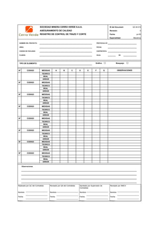 SOCIEDAD MINERA CERRO VERDE S.A.A. ID del Document
ASEGURAMIENTO DE CALIDAD Revisión:
REGISTRO DE CONTROL DE TRAZO Y CORTE Fecha:
Especialidad:
NOMBRE DEL PROYECTO: PROTOCOLO Nº:
AREA: FECHA:
CODIGO DE FACILIDAD: CONTRATISTA:
PLANOS: HOJA: DE
TIPO DE ELEMENTO: Grafico: □ Bosquejo: □
Nº CODIGO MEDIDAS A B C D E F G
TEORICO
REAL
ERROR
Nº CODIGO MEDIDAS
TEORICO
REAL
ERROR
Nº CODIGO MEDIDAS
TEORICO
REAL
ERROR
Nº CODIGO MEDIDAS
TEORICO
REAL
ERROR
Nº CODIGO MEDIDAS
TEORICO
REAL
ERROR
Nº CODIGO MEDIDAS
TEORICO
REAL
ERROR
Nº CODIGO MEDIDAS
TEORICO
REAL
ERROR
Nº CODIGO MEDIDAS
TEORICO
REAL
ERROR
Observaciones
QC Contratista: Supervisor Contratista: Supervisor SMCV: QA SMCV:
Nombre: …..…………………………………… Nombre: …..…………………………………… Nombre: …..…………………………………….. Nombre: …..…………………………………
Fecha: …..……………………………………… Fecha: …..……………………………………… Fecha : …..………………………………………. Fecha : …..…………………………………..
Firma: ………………………………….………. Firma: ………………………………….………. Firma: ………………………………….………… Firma : ………………………………….……
QC-M-019
0
jul-09
Mecánica
OBSERVACIONES
Realizado por QC del Contratista:
Nombre:
Fecha:
Firma:
Aprobado por Supervisión de
Contratista:
Nombre:
Fecha:
Firma:
Revisado por QA del Contratista:
Nombre:
Fecha:
Firma:
Revisado por SMCV:
Nombre:
Fecha:
Firma:
 