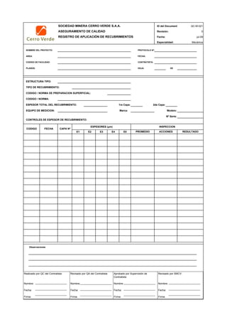 SOCIEDAD MINERA CERRO VERDE S.A.A. ID del Document
ASEGURAMIENTO DE CALIDAD Revisión:
REGISTRO DE APLICACIÓN DE RECUBRIMIENTOS Fecha:
Especialidad:
NOMBRE DEL PROYECTO: PROTOCOLO Nº:
AREA: FECHA:
CODIGO DE FACILIDAD: CONTRATISTA:
PLANOS: HOJA: DE
ESTRUCTURA TIPO:
TIPO DE RECUBRIMIENTO:
CODIGO / NORMA DE PREPARACION SUPERFICIAL:
CODIGO / NORMA:
ESPESOR TOTAL DEL RECUBRIMIENTO: 1ra Capa: 2da Capa:
EQUIPO DE MEDICION: Marca: Modelo:
Nº Serie:
CONTROLES DE ESPESOR DE RECUBRIMIENTO:
E1 E2 E3 E4 E5
Observaciones
QC Contratista: Supervisor Contratista: Supervisor SMCV: QA SMCV:
Nombre: …..…………………………………… Nombre: …..…………………………………… Nombre: …..…………………………………….. Nombre: …..…………………………………
Fecha: …..……………………………………… Fecha: …..……………………………………… Fecha : …..………………………………………. Fecha : …..…………………………………..
Firma: ………………………………….………. Firma: ………………………………….………. Firma: ………………………………….………… Firma : ………………………………….……
RESULTADOACCIONESPROMEDIO
ESPESORES (μm) INSPECCION
CODIGO FECHA CAPA Nº
QC-M-021
0
jul-09
Mecánica
Realizado por QC del Contratista:
Nombre:
Fecha:
Firma:
Aprobado por Supervisión de
Contratista:
Nombre:
Fecha:
Firma:
Revisado por QA del Contratista:
Nombre:
Fecha:
Firma:
Revisado por SMCV:
Nombre:
Fecha:
Firma:
 