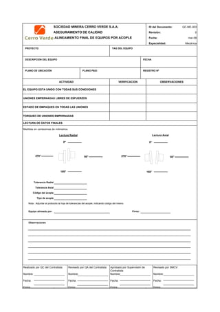 SOCIEDAD MINERA CERRO VERDE S.A.A. ID del Documento: QC-ME-003
ASEGURAMIENTO DE CALIDAD Revisión: 0
ALINEAMIENTO FINAL DE EQUIPOS POR ACOPLE Fecha:
Especialidad: Mecánica
PROYECTO TAG DEL EQUIPO
DESCRIPCION DEL EQUIPO FECHA
PLANO DE UBICACIÓN PLANO P&ID REGISTRO Nª
Tolerancia Radial
Tolerancia Axial
Código del acople
Tipo de acople
Nota : Adjuntar al protocolo la hoja de tolerancias del acople, indicando código del mismo
Equipo alineado por: Firma :
Observaciones
QC Contratista: Supervisor del Contratista: Supervisor SMCV: QA SMCV:
Nombre: …..…………………….. Nombre: …..…………………………………… Nombre: …..…………………………………….. Nombre: …..…………………………
Fecha: …..……………………….. Fecha: …..……………………………………… Fecha : …..………………………………………. Fecha : …..……………………………
Firma: ……………………………. Firma: ………………………………….………. Firma: ………………………………….………… Fecha : ………………………………
mar-09
Medidas en centesimas de milimetros
LECTURA DE DATOS FINALES
TORQUEO DE UNIONES EMPERNADAS
UNIONES EMPERNADAS LIBRES DE ESFUERZOS
ESTADO DE EMPAQUES EN TODAS LAS UNIONES
ACTIVIDAD VERIFICACION OBSERVACIONES
EL EQUIPO ESTA UNIDO CON TODAS SUS CONEXIONES
0°
90°
180°
270°
0°
90°
180°
270°
Lectura Radial Lectura Axial
Realizado por QC del Contratista:
Nombre:
Fecha:
Firma:
Aprobado por Supervisión de
Contratista:
Nombre:
Fecha:
Firma:
Revisado por QA del Contratista:
Nombre:
Fecha:
Firma:
Revisado por SMCV:
Nombre:
Fecha:
Firma:
 