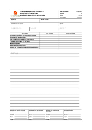 SOCIEDAD MINERA CERRO VERDE S.A.A. ID del Documento: QC-ME-007
ASEGURAMIENTO DE CALIDAD Revisión: 0
REGISTRO DE INSPECION DE RECIPIENTES Fecha:
Especialidad: Mecánica
PROYECTO TAG DEL EQUIPO
DESCRIPCION DEL EQUIPO FECHA
PLANO DE UBICACIÓN PLANO P&ID REGISTRO Nª
QC Contratista: Supervisor del Contratista: Supervisor MYSRL: QA MYSRL:
Nombre: …..…………………….. Nombre: …..…………………………………… Nombre: …..…………………………………….. Nombre: …..…………………………
Fecha: …..……………………….. Fecha: …..……………………………………… Fecha : …..………………………………………. Fecha : …..……………………………
Firma: ……………………………. Firma: ………………………………….………. Firma: ………………………………….………… Fecha : ………………………………
ESTADO DEL AISLAMIENTO O PROTECCION SUPERFICIAL
AJUSTE DE PERNOS
INSTRUMENTOS CONECTADOS
UBICACION Y ORIENTACION DE LAS BOQUILLAS
LAINEADO, GROUTEADO Y/O SELLADO
mar-09
COMENTARIOS
ACTIVIDAD VERIFICACION OBSERVACIONES
RECIPIENTE SIN DAÑOS, GOLPES O ABOLLADURAS
VERIFICACION DE DIMENSIONES
Realizado por QC del Contratista:
Nombre:
Fecha:
Firma:
Aprobado por Supervisión de
Contratista:
Nombre:
Fecha:
Firma:
Revisado por QA del Contratista:
Nombre:
Fecha:
Firma:
Revisado por SMCV:
Nombre:
Fecha:
Firma:
 