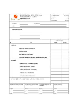 SOCIEDAD MINERA CERRO VERDE S.A.A. ID del Documento: QC-ME-008
ASEGURAMIENTO DE CALIDAD Revisión: 0
INSPECCION HVAC Fecha:
Especialidad: Mecánica
CONTRATO : CONTRATISTA:
AREA :
PLANO DE REFERENCIA:
N°
1 DUCTOS
- MONTAJE COMPLETO DE DUCTOS
- SOPORTACION
- SELLADO DE FILTRACIONES
- PRUEBAS DE HUMO EN LINEAS DE ASPIRACION Y DESCARGA
2 EQUIPO
- SOPORTACION Y FIJACION DEL EQUIPO
- VERIFICAR TENSION DE CORREAS
- VERIFICAR SENTIDO DE GIRO MOTOR
- CHEQUEO VISUAL DEL EQUIPO
- CONEXION SUCCION Y DESCARGA
3 PRUEBAS CON CARGA DE TODO EL SISTEMA MINIMO 30 MINUTOS
NAME SUPERVISOR: NAME SUPERVISOR:
SIGNATURE: DATE: SIGNATURE: DATE:
mar-09
CONTRATISTA
CONTRACTOR INSPECTION
FECHAFIRMAITEM
Realizado por QC del Contratista:
Nombre:
Fecha:
Firma:
Aprobado por Supervisión de
Contratista:
Nombre:
Fecha:
Firma:
Revisado por QA del Contratista:
Nombre:
Fecha:
Firma:
Revisado por SMCV:
Nombre:
Fecha:
Firma:
 