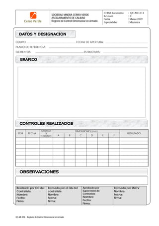 SOCIEDAD MINERA CERRO VERDE
ASEGURAMIENTO DE CALIDAD
Registro de Control Dimensional en Armado
ID Del documento : QC-ME-014
Revisión : 0
Fecha : Marzo 2009
Especialidad : Mecánica
QC-ME-014 - Registro de Control Dimensional en Armado
EQUIPO:.................................................................... FECHA DE APERTURA: ...........................................................
PLANO DE REFERENCIA: ...................................................................................................................................
ELEMENTOS: ................................................................ESTRUCTURA: ..............................................................
DIMENSIONES (mm)
ITEM FECHA
CODIGO
DE
ELEMENTO A B C D E F
RESULTADO
Realizado por QC del
Contratista:
Nombre:
Fecha:
Firma:
Revisado por el QA del
contratista
Nombre:
Fecha:
Firma:
Aprobado por
Supervisión de
Contratista
Nombre:
Fecha:
Firma:
Revisado por SMCV
Nombre:
Fecha:
Firma:
 