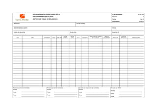 SOCIEDAD MINERA CERRO VERDE S.A.A. ID del Documento: QC-MT-002
ASEGURAMIENTO DE CALIDAD Revisión: 0
INSPECCION VISUAL DE SOLDADURA Fecha: mar-09
Especialidad: Mecánica
PROYECTO TAG DEL EQUIPO
DESCRIPCION DEL EQUIPO FECHA
PLANO DE UBICACIÓN PLANO P&ID REGISTRO Nª
ITEM LINEA PROGRESIVA JUNTA DIAM. (Plg)
FECHA
TERMINO
TIPO DE
JUNTA
W.P.S. SOLDADOR
INSPECCION DEL CORDON
DE SOLDADURA
DEFECTO
ENCONTRADO
INSPECTOR
FECHA DE
INSPECCION
OBSERVACIONES
QC Contratista: Supervisor del Contratista: Supervisor SMCV: QA SMCV:
Nombre: …..…………………….. Nombre: …..…………………………………… Nombre: …..…………………………………….. Nombre: …..…………………………
Fecha: …..……………………….. Fecha: …..……………………………………… Fecha : …..………………………………………. Fecha : …..……………………………
Firma: ……………………………. Firma: ………………………………….………. Firma: ………………………………….………… Fecha : ………………………………
Realizado por QC del Contratista:
Nombre:
Fecha:
Firma:
Aprobado por Supervisión de Contratista:
Nombre:
Fecha:
Firma:
Revisado por QA del Contratista:
Nombre:
Fecha:
Firma:
Revisado por SMCV:
Nombre:
Fecha:
Firma:
 