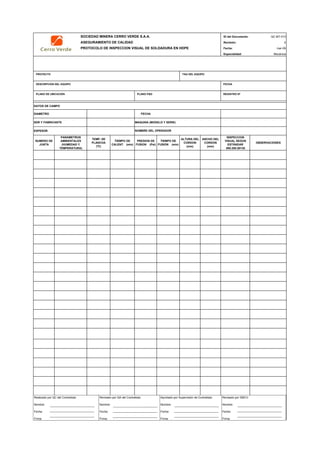 SOCIEDAD MINERA CERRO VERDE S.A.A. ID del Documento: QC-MT-013
ASEGURAMIENTO DE CALIDAD Revisión: 0
PROTOCOLO DE INSPECCION VISUAL DE SOLDADURA EN HDPE Fecha:
Especialidad: Mecánica
PROYECTO TAG DEL EQUIPO
DESCRIPCION DEL EQUIPO FECHA
PLANO DE UBICACIÓN PLANO P&D REGISTRO Nª
DATOS DE CAMPO
DIAMETRO FECHA
SDR Y FABRICANTE MAQUINA (MODELO Y SERIE)
ESPESOR
NUMERO DE
JUNTA
PARAMETROS
AMBIENTALES
(HUMEDAD Y
TEMPERATURA)
TEMP. DE
PLANCHA
(ºC)
TIEMPO DE
CALENT. (min)
PRESION DE
FUSION (Psi)
TIEMPO DE
FUSION (min)
ALTURA DEL
CORDON
(mm)
ANCHO DEL
CORDON
(mm)
INSPECCION
VISUAL SEGÚN
ESTÁNDAR
000.250.50130
OBSERVACIONES
QC Contratista: Supervisor del Contratista: Supervisor SMCV: QA SMCV:
Nombre: …..…………………….. Nombre: …..…………………………………… Nombre: …..…………………………………….. Nombre: …..…………………………
Fecha: …..……………………….. Fecha: …..……………………………………… Fecha : …..………………………………………. Fecha : …..……………………………
Firma: ……………………………. Firma: ………………………………….………. Firma: ………………………………….………… Fecha : ………………………………
mar-09
NOMBRE DEL OPERADOR
Realizado por QC del Contratista:
Nombre:
Fecha:
Firma:
Aprobado por Supervisión de Contratista:
Nombre:
Fecha:
Firma:
Revisado por QA del Contratista:
Nombre:
Fecha:
Firma:
Revisado por SMCV:
Nombre:
Fecha:
Firma:
 