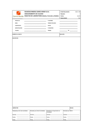 SOCIEDAD MINERA CERRO VERDE S.A.A. ID del Documento:
ASEGURAMIENTO DE CALIDAD Revisión: 0
ENSAYOS DE LABORATORIO (Suelos, Concreto y Asfalto) Fecha:
Especialidad: Civil
PROYECTO:
ÁREA:
CONTRATISTA:
ESPECIFICACIÓN:
PLANOS: DE
NOMBRE DEL ENSAYO: UBICACIÓN:
DESCRIPCIÓN:
INSPECTOR FECHA:
PÁGINA:
N° SISTEMA:
CÓDIGO FACILIDAD:
FECHA:
N° REGISTRO:
QC-C- 002
mar-09
Realizado por QC del Contratista:
Nombre:
Fecha:
Firma:
Aprobado por Supervisión de
Contratista:
Nombre:
Fecha:
Firma:
Revisado por QA del Contratista:
Nombre:
Fecha:
Firma:
Revisado por SMCV:
Nombre:
Fecha:
Firma:
 