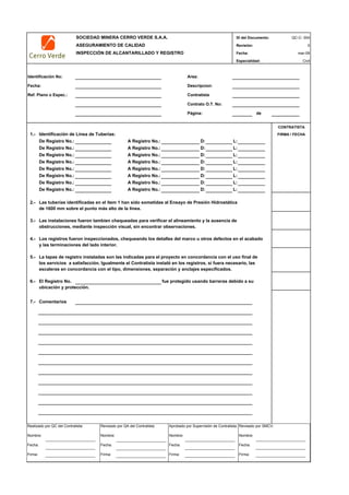 SOCIEDAD MINERA CERRO VERDE S.A.A. ID del Documento:
ASEGURAMIENTO DE CALIDAD Revisión: 0
INSPECCIÓN DE ALCANTARILLADO Y REGISTRO Fecha:
Especialidad: Civil
Identificación No: Area:
Fecha: Descripcion:
Ref. Plano o Espec.: Contratista
Contrato O.T. No:
Página: de
1.- Identificación de Línea de Tuberías:
De Registro No.: A Registro No.: D: L:
De Registro No.: A Registro No.: D: L:
De Registro No.: A Registro No.: D: L:
De Registro No.: A Registro No.: D: L:
De Registro No.: A Registro No.: D: L:
De Registro No.: A Registro No.: D: L:
De Registro No.: A Registro No.: D: L:
De Registro No.: A Registro No.: D: L:
2.- Las tuberías identificadas en el ítem 1 han sido sometidas al Ensayo de Presión Hidrostática
de 1600 mm sobre el punto más alto de la línea.
3.- Las instalaciones fueron tambien chequeadas para verificar el alineamiento y la ausencia de
obstrucciones, mediante inspección visual, sin encontrar observaciones.
4.- Los registros fueron inspeccionados, chequeando los detalles del marco u otros defectos en el acabado
y las terminaciones del lado interior.
5.- La tapas de registro instaladas son las indicadas para el proyecto en concordancia con el uso final de
los servicios a satisfacción. Igualmente el Contratista instaló en los registros, si fuera necesario, las
escaleras en concordancia con el tipo, dimensiones, separación y anclajes especificados.
6.- El Registro No. fue protegido usando barreras debido a su
ubicación y protección.
7.- Comentarios
CONTRATISTA
QC-C- 004
mar-09
FIRMA / FECHA
Realizado por QC del Contratista:
Nombre:
Fecha:
Firma:
Aprobado por Supervisión de Contratista:
Nombre:
Fecha:
Firma:
Revisado por QA del Contratista:
Nombre:
Fecha:
Firma:
Revisado por SMCV:
Nombre:
Fecha:
Firma:
 