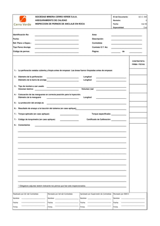 SOCIEDAD MINERA CERRO VERDE S.A.A. ID del Documento:
ASEGURAMIENTO DE CALIDAD Revisión: 0
INSPECCION DE PERNOS DE ANCLAJE EN ROCA Fecha:
Especialidad: Civil
Identificación No:
Fecha:
Ref. Plano o Espec.:
Tipo Perno Anclaje:
Código de pernos: de
1.- La perforación estaba cubierta y limpia antes de empezar. Las áreas fueron limpiadas antes de empezar.
2.- Díámetro de la perforación Longitud
Diámetro de la barra de anclaje Longitud
3.- Tipo de mortero a ser usado
Volumen teórico Volumen real
4.- Colocación de las mangueras en correcta posición para la inyección.
Diámetro de la manguera Longitud
5.- La protección del anclaje es
6.- Resultado de ensayo a la tracción del sistema (en caso aplique):
7.- Torque aplicado (en caso aplique): Torque especificado:
7.- Código de torquímetro (en caso aplique): Certificado de Calibración:
8.- Comentarios
* Obligatorio adjuntar sketch indicando los pernos que han sido inspeccionados.
Contrato O.T. No:
Página:
CONTRATISTA
FIRMA / FECHA
QC-C- 005
mar-09
Descripción:
Contratista
Area:
Realizado por QC del Contratista:
Nombre:
Fecha:
Firma:
Aprobado por Supervisión de Contratista:
Nombre:
Fecha:
Firma:
Revisado por QA del Contratista:
Nombre:
Fecha:
Firma:
Revisado por SMCV:
Nombre:
Fecha:
Firma:
 