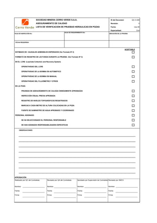 SOCIEDAD MINERA CERRO VERDE S.A.A. ID del Document
ASEGURAMIENTO DE CALIDAD Revisión: 0
LISTA DE VERIFICACION DE PRUEBAS HIDRAULICAS EN POZAS Fecha:
Especialidad: Civil
HOJA DE INSPECCIÓN No: UBICACIÓN DE LA PRUEBA:
FECHA REQUERIDA:
ACEPTABLE
ESTIMADO DE CAUDALES ADMISIBLES ESPERADOS (Ver Formato Nº 2)
FORMATO DE REGISTRO DE LECTURAS DURANTE LA PRUEBA (Ver Formato Nº 3)
EN EL LCRS (Leachate Collection and Recovery System)
OPERATIVIDAD DEL LCRS
OPERATIVIDAD DE LA BOMBA EN AUTOMÁTICO
OPERATIVIDAD DE LA BOMBA EN MANUAL
OPERATIVIDAD DEL FLUJÓMETRO Y OTROS
EN LA POZA
PRUEBAS DE ASEGURAMIENTO DE CALIDAD DEBIDAMENTE APROBADAS
INSPECCIÓN VISUAL PREVIA APROBADA
REGISTRO DE NIVELES TOPOGRÁFICOS REGISTRADOS
MARCAS A CADA METRO DE ALTURA COLOCADAS EN LA POZA
FUENTE DE SUMINISTRO DE AGUA APROBADO Y COORDINADO
PERSONAL ASIGNADO
SE HA SELECCIONADO EL PERSONAL RESPONSABLE
SE HAN ASIGNADO RESPONSABILIDADES ESPECIFICAS
OBSERVACIONES
APROBACIÓN:
QC-C-008
HOJA DE REQUERIMIENTO No:
mar-09
Realizado por QC del Contratista:
Nombre:
Fecha:
Firma:
Aprobado por Supervisión de Contratista:
Nombre:
Fecha:
Firma:
Revisado por QA del Contratista:
Nombre:
Fecha:
Firma:
Revisado por SMCV:
Nombre:
Fecha:
Firma:
 