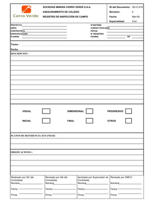 SOCIEDAD MINERA CERRO VERDE S.A.A. ID del Documento: QC-C-018
ASEGURAMIENTO DE CALIDAD Revisión: 0
REGISTRO DE INSPECCIÓN DE CAMPO Fecha: Mar-09
Especialidad: Civil
PROYECTO: N°SISTEMA
AREA: CODIGO FACILIDAD:
CONTRATISTA: FECHA:
ESPECIFICACION: N° REGISTRO:
PLANOS: PAGINA: DE
Tramo :
Fecha .
DESCRIPCION :
VISUAL DIMENSIONAL PROGRESIVO
INICIAL FINAL OTROS
PLANOS DE REFERENCIA/ ESTANDAR :
OBSERVACIONES :
Realizado por QC del
Contratista:
Nombre:
Fecha:
Firma:
Aprobado por Supervisión de
Contratista:
Nombre:
Fecha:
Firma:
Revisado por QA del
Contratista:
Nombre:
Fecha:
Firma:
Revisado por SMCV:
Nombre:
Fecha:
Firma:
 