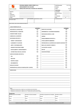 SOCIEDAD MINERA CERRO VERDE S.A.A. ID del Documento: QC-CC-003
ASEGURAMIENTO DE CALIDAD Revisión: 0
INSPECCIÓN ANTES DEL VACIADO DE CONCRETO Fecha:
Especialidad: Civil
PROYECTO: No. DE SISTEMA:
ÁREA: CÓDIGO DE FACILIDAD:
CONTRATISTA: FECHA:
ESPECIFICACIÓN: No. DE REGISTRO:
PLANOS: PAGINA DE
FECHA REQUERIDA: UBICACIÓN DEL VACIADO: No. DE ESPECIFICACIÓN:
ESTRUCTURA(S) A SER VACIADA (DESCRIPCIÓN COMPLETA):
LOSA DE PEDESTALES CLFE
ACEPTABLE ACEPTABLE
UBICACIÓN DE LA ESTRUCTURA EQUIPO DE COLOCACIÓN
PREPARACIÓN DE LA FUNDACIÓN HERRAMIENTAS Y ACCESORIOS REQUERIDOS
CONCRETO POBRE / SOLADO PROTECCIÓN CONTRA EL CLIMA
HUMEDAD DE LA SUPERFICIE LIMPIEZA
ENCOFRADOS (VER NOTA 1) PERNOS EMBEBIDOS (VER NOTA 3)
TAMAÑO Y CONFIGURACIÓN OTROS ELEMENTOS EMBEBIDOS
ALINEAMIENTO Y ELEVACIÓN PREPARACIÓN DE LA SUPERFICIE DE CONCRETO EXISTENTE
LIMPIO Y CON DESMOLDANTE MEZCLA DE CONCRETO CORRECTA
UNIONES DE ENCOFRADO FIRMES COLOCACIÓN O VACIADO
APUNTALAMIENTO Y ARRIOSTRAMIENTO MÉTODO
LISTONES PARA CHAFLÁN U OCHAVOS DURACIÓN ESTIMADA
ACERO DE REFUERZO (VER NOTA 2)
TIPO
UBICACIÓN
SOPORTE O DADOS
RECUBRIMIENTOS
NIVELES DE VACIADO
PREPARACIÓN DE JUNTAS DE CONSTRUCCIÓN Y CONTROL
OBSERVACIONES
NOTAS:
1.TRABAJAR ESTA SECCIÓN CON EL FORMATO QC-CC-009 "INSPECCIÓN DE ENCOFRADO"
2. TRABAJAR ESTA SECCIÓN CON EL FORMATO QC-CC-008 "INSPECCIÓN DE ACERO DE REFUERZO"
3. TRABAJAR ESTA SECCIÓN CON EL FORMATO QC-CC-011 "INSPECCIÓN DE INSTALACIÓN DE PERNOS"
APROBACIÓN:
mar-09
No. DE HOJA DE REQUERIMIENTO DE VACIADO
(Formato QC-CC-002):
Importante: Ver el Diagrama de Flujo de Requerimiento, Inspección y Despacho de Concreto para una completa explicación del Procedimiento de Concreto de SMCV
Realizado por QC del Contratista:
Nombre:
Fecha:
Firma:
Aprobado por Supervisión de Contratista:
Nombre:
Fecha:
Firma:
Revisado por QA del Contratista:
Nombre:
Fecha:
Firma:
Revisado por SMCV:
Nombre:
Fecha:
Firma:
 