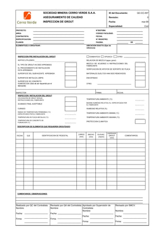 SOCIEDAD MINERA CERRO VERDE S.A.A. ID del Documento: QC-CC-007
ASEGURAMIENTO DE CALIDAD Revisión: 0
INSPECCION DE GROUT Fecha:
Especialidad: Civil
PROYECTO: N°SISTEMA
AREA: CODIGO FACILIDAD:
CONTRATISTA: FECHA:
ESPECIFICACION: N° REGISTRO:
PLANOS: PAGINA: DE
ELEMENTO(S) A GROUTEAR :
INSPECCION PRE INSTALACION DEL GROUT: CEMENTICIO EPOXICO OTRO
RELACION DE MEZCLA (agua: grout) :
EL TIPO DE GROUT HA SIDO APROBADO
VERIFICACION DE APOYOS DE SOPORTE DE PLACA
SUPERFICIE DEL SUBYACENTE APROBADA MATERIALES SUELTOS HAN SIDO REMOVIDOS
SUPERFICIE METALICA LIMPIA ENCOFRADO
OTRO
INSPECTOR: FIRMA: FECHA:
INSPECCION INSTALACION DEL GROUT:
DESCRIPCION DE ELEMENTOS QUE REQUIEREN GROUTEADO:
FECHA EJE
ANCHO
(mm)
ELEVAC.
(msnm)
COMENTARIOS / OBSERVACIONES:
APROBACION:
QC Contratista: Supervisor del Contratista: Supervisor SMCV: QA SMCV:
Nombre: Nombre: Nombre: Nombre:
Fecha: Fecha: Fecha: Fecha:
Firma: Firma: Firma: Firma:
COMENTARIOS
PROTECCION CLIMATICA
TEMPERATURA AMBIENTE MAXIMA (°C)
ADITIVO UTILIZADO:
EL PROCEDIMIENTO DE INSTALACION
ESTA APROBADO
UBICACION EXACTA (Ejes de
referencia)
TEMPERATURA AMBIENTE MINIMA (°C)
HUMEDAD RELATIVA (%)
TEMPERATURA AMBIENTE (°C)
MAXIMA HUMEDAD RELATIVA (%) ESPECIFICADA POR
EL FABRICANTE
CURADO
MEZCLA DE ACUERDO A INSTRUCCIONES DEL
FABRICANTE
mar-09
LARGO
(mm)
ESPESOR
GROUT
(mm)
IDENTIFICACION DE PEDESTAL
SUPERFICIE DE CONCRETO
HUMEDECIDA (Solo de ser requerido por el
fabricante)
COLOCACION DE GROUT SEGUN
INSTRUCCIONES DEL FABRICANTE
ACABADO FINAL ACEPTABLE
RANGO DE TEMPERATURA PERMISIBLE (°C)
ESPECIFICADO POR EL FABRICANTE
TEMPERATURA DE PLACA METALICA (°C)
TEMPERATURA DE CONCRETO DE
FUNDACION (°C)
Realizado por QC del Contratista:
Nombre:
Fecha:
Firma:
Aprobado por Supervisión de
Contratista:
Nombre:
Fecha:
Firma:
Revisado por QA del Contratista:
Nombre:
Fecha:
Firma:
Revisado por SMCV:
Nombre:
Fecha:
Firma:
 