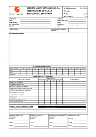 SOCIEDAD MINERA CERRO VERDE S.A.A. ID del Documento: QC-CC-009
ASEGURAMIENTO DE CALIDAD Revisión: 0
INSPECCIÓN DEL ENCOFRADO Fecha:
Especialidad: Civil
PROYECTO: N° SISTEMA
ÁREA: CÓDIGO FACILIDAD:
CONTRATISTA: FECHA:
ESPECIFICACIÓN: N° REGISTRO:
PLANOS: PAGINA: DE
ELEMENTO (s):
ESQUEMA DE ENCOFRADO
DATOS DIMENSIONALES (mm)
PUNTOS PLOMADA PP1 PP2 PP3 PP4 PP5 PP6 PP7 PP8 PP9 PP10 PP11
ARRIBA
ABAJO
DESVIACIÓN
VERIFICACIÓN DEL ENCOFRADO
C NC NA R
MATERIAL DEL ENCOFRADO
CONDICIÓN DEL ENCOFRADO
LIMPIEZA DE FORMAS DE ENCOFRADO
FORMA Y DIMENSIONES DEL ENCOFRADO (mm)
APLICACIÓN DE DESMOLDANTE (especifique)
ASEGURAMIENTO DE SOLERAS
APUNTALAMIENTO Y FIJACIÓN
ALINEAMIENTO
VERTICALIDAD
HERMETICIDAD DEL ENCOFRADO
FECHA DE DESENCOFRADO
COMENTARIOS / OBSERVACIONES: C = CONFORME; NC = NO CONFORME; NA = NO APLICA; R = CORREGIDO/REPARADO
APROBACIÓN:
QC Contratista: Supervisor del Contratista: Supervisor SMCV: QA SMCV:
Nombre: Nombre: Nombre: Nombre:
Fecha: Fecha: Fecha: Fecha:
Firma: Firma: Firma: Firma:
VERIFICACIÓN
COMENTARIOSPUNTOS DE CONTROL
mar-09
UBICACION EXACTA (Ejes de
referencia):
Realizado por QC del
Contratista:
Nombre:
Fecha:
Firma:
Aprobado por Supervisión de
Contratista:
Nombre:
Fecha:
Firma:
Revisado por QA del
Contratista:
Nombre:
Fecha:
Firma:
Revisado por SMCV:
Nombre:
Fecha:
Firma:
 