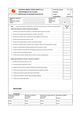 SOCIEDAD MINERA CERRO VERDE S.A.A. ID del Documento: QC-E-007
ASEGURAMIENTO DE CALIDAD Revisión: 0 0
INSPECCION DE BUZONES ELECTRICOS Fecha: mar-09
Especialidad: Electricidad
PROTOCOLO N°
FECHA:
CONTRATISTA:
HOJA: DE
Nota Esta lista de inspeccion se entiende como una guia que puede ser usada en la inspección de buzones eléctricos
INSPECCION ANTES DEL VACIADO O SECADO DE CONCRETO
1. Verificación que el tamaño de la excavación y su localización este de acuerdo con los planos ………………………
2. Verificar que las ventanas para los ductos esten en el lugar y nivel correcto………………………………………………………
3. Verificar que la conexión a tierra y puesta a tierra esten instalados en el lugar correcto…………………………………………
4. Verificar que las guias para jalar esten en su lugar …………………………………………………………………………
5. Verificar que los Soportes esten en su lugar y este realizado el acabado……………………………………………………………
6. Verificacion de tamaño de tubería, orientación, tipo y localización este conforme a especificaciones y dibujos …
7. Verificar que la tuberia tenga los soportes adecuados durante el vaciado de concreto. ……………………………..
8. Verifique el tamaño de la tubería para los requerimientos de capuchones y cubiertas de protección ………………
9. Verificar la terminación apropiada de la tubería …………………………………………………………………………
10. Verificar que los sumideros y drenajes esten de acuerdo a los planos y especificaciones……………………………………………………
INSPECCION DESPUES DEL VACIADO Y SECADO DE CONCRETO
11. Entradas de conduit libres de concreto u otros. ……………………………………………………………………….
12. Las guias para jalar cables esten en su lugar …………………………………………………………………………
13. Soportes de cables, ganchos y bandejas de cables esten adecuadamente soportadas …………………………….
14. Verificar que las tuberias conduit y otros componentes esten adecuadamente aterrados……………………………………….
15. Verificar que los soportes de cables esten libres de bordes filosos.………………………………………………………………
16. Verificar que las escaleras o peldaños esten correctamente instalados………………………………………………………………………………………
17. Verificar que las tuberias esten limpias .………………………………………………………………………………………………………
ANOTACIONES
APROBADO
QC Contratista: Supervisor del Contratista: Supervisor SMCV: QA SMCV:
Nombre: …..…………………….. Nombre: …..…………………………………… Nombre: …..……………………………………Nombre: …..…………………………………
Fecha: …..……………………….. Fecha: …..……………………………………… Fecha : …..………………………………………Fecha : …..…………………………………..
Firma: ……………………………. Firma: ………………………………….………. Firma: ………………………………….…………Fecha : ………………………………….……
Revision
Item
NOMBRE DEL PROYECTO
AREA
CODIGO DE FACILIDAD
PLANOS
Realizado por QC del
Contratista:
Nombre:
Fecha:
Firma:
Aprobado por Supervisión de
Contratista:
Nombre:
Fecha:
Firma:
Revisado por QA del
Contratista:
Nombre:
Fecha:
Firma:
Revisado por SMCV:
Nombre:
Fecha:
Firma:
 