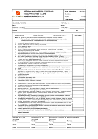 SOCIEDAD MINERA CERRO VERDE S.A.A. ID del Documento: QC-E-015
ASEGURAMIENTO DE CALIDAD Revisión: 0
INSPECCION SWITCH GEAR Fecha:
Especialidad: Electricidad
NOMBRE DEL PROYECTO: PROTOCOLO Nº:
AREA: FECHA:
CODIGO DE FACILIDAD: CONTRATISTA:
PLANOS: HOJA: DE
SUBESTACION.: CONSTRUCCION: SWITCHGEAR TAG Nº.:
Nota!!! #1 Prueba con interruptor con planos y con interruptor en posición de operación en abierto.
Todo transformador de circuito secundario debe estar cortocircuitado antes de empezar a probar
El transformador debe ser enrejado adentro pero con los fusibles removidos.
1. Recepción de Operacion/ Inspeción completa.…………………………………………………………………………..…….
2. Programa de Protección de equipo instituido y documentado.………………………………………………………………….
3. Verificar faseado de barras.……………………………………………………………………………………………………….
4. Remover soporte de envío. …………………………………………………………………………………………………..
5. Verificar e inspeccionar completamente todo los componentes. Torqueo de juntas empernadas …………..
de acuerdo a recomendaciones del fabricante.……………………………………………………………………………………………………………
6. Todo los dispositivos instalados tales como: reles de falla a tierra, medidores de voltaje, amperimetros,……………………….
interruptores, fusibles, etc. Ubicación y tipo de acuerdo a planos del proveedor.………………………………………………………………………….
7. Verificar cableado de control (especialmente de conexiones en campo a cortarse en envío).……………………………………………………..
8. Hacer prueba de resistencia de aislamiento (megger) a barras y registrar en, Formato: QC-E-019…………………..
Hacer prueba a barras de alto potencial DC (High Pot) , donde sea requerido por especificación. Registrar en……………………
Formato: QC-E-22DC Registro de alto potencial……………………………………………………………………………………………………….
9. Realizar prueba de aislamiento (megger) al control y al bobinado del primario del transformador y registrar………………
en, Formato: QC-E-027:Registro de pruebas de resistencia de aislamiento (Transformador).…………………………….
10. Verifique fusibles de control del transformador , tipo y tamaño.…………………………………………………………………………….
11. Verifique potencial de fusibles del transformador, tipo y tamaño.………………………………………………………………………
12.
13. Verifique el correcto conexionado del aterramiento en ambos extremos del ensamblaje. Registre la resistencia
de contacto en, Formato: QC-E-025: registro de prueba de contnuidad de aterramiento.(equipos y barras) ……….
14.
15. Etiquetado correcto.…………………………………………………………………………………………………………………..
16. Cubículo limpio, seco y libre de polvo.………………………………………………………………………………………………
17. Poner en cero los instrumento.………………………………………………………………………………………………………………..
18. Calentadores de espacio conectados y operativos.………………………………………………………………………………….
19.
20. Verifique continuidad de todos los fusibles. Verificar tamaño y tipo.……………………………………………………………………………
21. Realizar prueba del interruptor.…………………………………………………………………………………………………..
22. Ajuste de conexionado y terminales, asegurar. Torqueado de pernos de acoplamiento.…………………………………………………
23. Barra principal y tomas (tamaño según planos del vendedor).………………………………………………………………………
24. Prueba de resistencia de aislamiento (megger) de DC y AC circuitos de control, principal y dispositivos salientes
de control abiertos.Registre resultados en Formato: QC-E-019: Registro de pruebas de aislamiento
(Cables de Fuerza y Control). ………………………………………………………………………………………..……..
25. Verifique y registre prueba de resistencia de aislamiento de cables de ingreso (meggered)antes de conectar a
switch gear y los resultados registre en Formato: QC-E-019.………………………………………………………………………………….
26. Verifique prueba de alto potencial DC (high pot) de cables de fuerza de ingreso completado, cuando sea requerido
por especificación, y registre en Formato: QC-E-022:Registro de pruebas de alto potencial DC (Cable media tensión)
27. completar apropiadamente la terminación del alimentador.……………………………………………………………………………..
28. Con switchgear energizado, tie breaker abierto, reduccion progresiva a traves tie circuit breaker usando hot sticks
(asi mismo aplicarse a interruptores de generador).…………………………………………………………………………………………………..
29. Suministro de servicio del representante del vendedor/ supervisión para este equipo. Adjunto reporte de pruebas
el vendedor a este registro de inspección.…………………………………………………………………………………………………………
30. Programa de proteccion de equipo completado y documentado.…………………………………………………………………
31. Inspeccion final completa. items de faltantes en Formato: 660-039:Registro de faltantes eléctricos.………………………………
OBSERVACIONES
QC Contratista: Supervisor del Contratista: Supervisor SNCV: QA SMCV:
Nombre: …..…………………….. Nombre: …..…………………………………Nombre: …..…………………………………….. Nombre: …..…………………….
Fecha: …..……………………….. Fecha: …..……………………………………Fecha : …..………………………………………. Fecha : …..………………………
Firma: ……………………………. Firma: ………………………………….……Firma: ………………………………….………… Firma: …………………………..
Inserte y remueva el interruptor de la misma forma evaluar en varias unidades para asegurar intercambiabilidad.
mar-09
Inicio / Fecha
Verifique clasificación del primario y el secundario de todo los transformadores incluyendo a transformador de
control.
Verifique continuidad de aterramiento de la barra, asegurece de que la conexión hecha en el envío no se haya
averiado o deconectado.
Realizado por QC del
Contratista:
Nombre:
Fecha:
Firma:
Aprobado por Supervisión de
Contratista:
Nombre:
Fecha:
Firma:
Revisado por QA del
Contratista:
Nombre:
Fecha:
Firma:
Revisado por SMCV:
Nombre:
Fecha:
Firma:
 