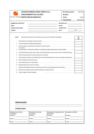 SOCIEDAD MINERA CERRO VERDE S.A.A. ID del Documento: QC-E-016
ASEGURAMIENTO DE CALIDAD Revisión: 0
INSPECCIÓN DE BANDEJAS Fecha:
Especialidad: Electricidad
NOMBRE DEL PROYECTO: PROTOCOLO Nº:
AREA: FECHA:
CODIGO DE FACILIDAD: CONTRATISTA:
PLANOS: HOJA: DE
Nota!!! Esta lista de comprobación sera utilizada como guia durante la inspección de bandejas..
1. Dimensiones de las bandejas de acuerdo al plano.………………………………………………………………………………….
2. Juntas de expansión instalados apropiadamente.…………………………………………………………………………………………
3. Todos loa apoyos y soportes estan localizados de acuerdo a planos. ………………………………………………………..
en los planos.
4. Los apoyos estan correctamente instalados, la bandeja esta anclada solamente en los punto indicados………………………………………………………………….
5. No existe bordes que puedan cortar el cable. En toda las bandejas los pernos estan al ras de la cara lateral de la ba………………
6. Existe continuidad electrica en toda la trayectoria de la bandeja.
7. Todo el trayecto incluyendo curvas desniveles, provee continuidad eléctrica de la tierra y apropiados soportes de ca…………..
8. Puentes instalados de acuerdo a planos. ……………………………………………………………..
9. No hay obstrucciones en la ruta del cable. ………………………………………………………………………………………….
10. Bandejas aterradas de acuerdo a los planos. ……………………………………………………………………………
11. Distancia entre bandeja de fuerza e instrumentos de acuerdo a las especificaciones del instrumento..…………………………
12. Distancia entre bandeja y tuberias calientes (aisladas), de acuerdo a planos... ………………………………..
13. Todas las tapasy Fire Stopt instaladas ……………………………………………………………………………….
OBSERVACIONES
APROBACIONES
QC Contratista: Supervisor del Contratista: Supervisor SMCV: QA SMCV:
Nombre: …..…………………….. Nombre: …..…………………………………… Nombre: …..…………………………………….. Nombre: …..…………………….
Fecha: …..……………………….. Fecha: …..……………………………………… Fecha : …..………………………………………. Fecha : …..………………………
Firma: ……………………………. Firma: ………………………………….………. Firma: ………………………………….………… Firma: …………………………..
VB
Item
mar-09
Realizado por QC del
Contratista:
Nombre:
Fecha:
Firma:
Aprobado por Supervisión de
Contratista:
Nombre:
Fecha:
Firma:
Revisado por QA del
Contratista:
Nombre:
Fecha:
Firma:
Revisado por SMCV:
Nombre:
Fecha:
Firma:
 