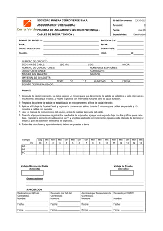 SOCIEDAD MINERA CERRO VERDE S.A.A. ID del Documento: QC-E-022
ASEGURAMIENTO DE CALIDAD Revisión: 0
PRUEBAS DE AISLAMIENTO (DC HIGH POTENTIAL - Fecha:
CABLES DE MEDIA TENSION ) Especialidad: Electricidad
NOMBRE DEL PROYECTO: PROTOCOLO Nº:
AREA: FECHA:
CODIGO DE FACILIDAD: CONTRATISTA:
PLANOS: HOJA: DE
NUMERO DE CIRCUITO
SECCION DE CABLE: (SQ MM) (MDE:
NUMERO DE CONDUCTORES: NUMERO DE EMPALMES:
LONGITUD DE CABLE: FABRICANTE:
TIPO DE AISLAMINETO: GROSOR:
MATERIAL DE CHAQUETA:
TIEMPO: TEMP: ° C ° F HUMEDAD % FECHA:
1.-
2.-
3.-
4.-
5.-
6.-
Seg Min Min Min Min Min Min Min Min Min
kV 30 1 3 5 6 8 10 11 13 15
Voltaje Máximo del Cable Voltaje de Prueba
(kilovolts) (kilovolts)
Observaciones
APROBACION
QC Contratista: Supervisor del Contratista: Supervisor SMCV: QA SMCV:
Nombre: …..…………………….. Nombre: …..…………………………………… Nombre: …..…………………………………….. Nombre: …..…………………….
Fecha: …..……………………….. Fecha: …..……………………………………… Fecha : …..………………………………………. Fecha : …..………………………
Firma: ……………………………. Firma: ………………………………….………. Firma: ………………………………….………… Firma: …………………………..
mar-09
Todas las otras fases y apantallamiento deben ser puestas a tierra
Registrar la coriente de salida ya estabilizada, en microamperes, al final de cada intervalo.
Aplicar el Voltaje de Prueba Final y registrar la corriente de salida, durante 5 minutos para cables sin pantalla y 15
minutos a cables con pantalla
Leer el manual de instrucciones del equipo, antes de realizar la prueba del cable.
Cuando el proyecto requiere registrar los resultados de la prueba, agregar una segunda hoja con los gráficos para cada
fase, registrar la corriente de salida en el eje Y, y el voltaje aplicado (en incrementos iguales cada intervalo de tiempo) en
el eje X, para la absorción dieléctrica de la prueba..
EQUIPO DE PRUEBA USADO:
Notas!!!
12
Min
ΦA
Min
12
MinMin
2
Min
4
ΦC
Tiempo
HACIA:
Después de cada incremento, se debe esperar un minuto para que la corriente de salida se estabilice si este intervalo es
insuficiente, descargue el cable, y repetir la prueba con intervalos mayores pero de igual duración.
ΦB
9
Min
7
Realizado por QC del
Contratista:
Nombre:
Fecha:
Firma:
Aprobado por Supervisión de
Contratista:
Nombre:
Fecha:
Firma:
Revisado por QA del
Contratista:
Nombre:
Fecha:
Firma:
Revisado por SMCV:
Nombre:
Fecha:
Firma:
 