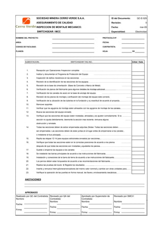 SOCIEDAD MINERA CERRO VERDE S.A.A. ID del Documento: QC-E-029
ASEGURAMIENTO DE CALIDAD Revisión: 0
INSPECCION DE MONTAJE MECANICO: Fecha:
SWITCHGEAR / MCC Especialidad: Electricidad
NOMBRE DEL PROYECTO: PROTOCOLO Nº:
AREA: FECHA:
CODIGO DE FACILIDAD: CONTRATISTA:
PLANOS: HOJA: DE
SUBESTACION.: SWITCHGEAR TAG NO.: Initial / Date
1. Recepción por Operaciones /Inspeccion completa ………………………………………………………………….
2. Instituir y documentar el Programa de Protección del Equipo ………………………………………………….
3. Inspección de daños mecánicos en las secciones. …………………………………………………………………….
4. Revisión de la identificación de las secciones de los equipos……………………………………………………………………
5. ……………..
6. Verificación de planos del fabricante para algunos detalles de montaje adicional……………..………………………………………………………………….
7. Verificación de los canales de acero en la base de anclaje del equipo. ……………………………………….
8. Revisión de los planos de montaje y verificación del montaje del equipo este correcto. ……..
9. Verificación de la ubicación de las tuberias en la fundación y su exactitud de acuerdo al proyecto.………………….
10. Remover soportes …………………………………………………………………………………….
11. Verificar que los agujeros de montaje esten alineados con los agujeros de montaje de los canales.…………………………..
12. Mueva las secciones del equipo enviado. ………………………………………………………………
13. Verifique que las secciones del equipo esten niveladas, alineadas y se ajusten comodamente. Si la …………..
sección no ajusta debidamente, desmonte la seccion mas reciente, remueva alguna ………
obstrucción y reinstale.
14. Todas las secciones deben de estrar empernadas adjuntas (Notas: Todas las secciones deben…………………
ser empernadas. Las secciones deben de estar juntas en el lugar antes de empernarse a los canales ,
o instalarse al bus principal).…………………………………………………………………………………………………………
15. Repita las etapas 12-14 para equipos adicionales enviados por secciones .……………………………………………
16. Verifique que todas las secciones esten en la correctas posiciones de acuerdo a los planos …………….
después de que todas las secciones son niveladas y ajustados los pernos.…………………………………………………
17. Suelde o emperne los equipos a los canales ……………………………………………………………………
18. Se instalarán las barras principales de acuerdo a las instrucciones del fabricante.………………………………………
19. Instalación y conexiones de la barra de tierra de acuerdo a las instrucciones del fabricante.…………………………………..
20. Los pernos deben estar torqueados de acuerdo a las recomendaciones del fabricante ………………………………………..
21. Realice las pruebas del ducto & Registre los resultados …………..…………………………………………………………..
22. Inserte y remueva Interruptores/arrancadores del mismo valor nominal y cambie con otras unidades para a………
23. Verifique la operación de las puertas en forma manual, las llaves y enclavamiento mecánicos.…………………………………………..
ANOTACIONES
APROBADO
QC Contratista: Supervisor del Contratista: Supervisor SMCV: QA SMCV:
Nombre: …..…………………….. Nombre: …..…………………………………… Nombre: …..…………………………………….. Nombre: …..…………………………………
Fecha: …..……………………….. Fecha: …..……………………………………… Fecha : …..………………………………………. Fecha : …..…………………………………..
Firma: ……………………………. Firma: ………………………………….………. Firma: ………………………………….………… Fecha : ………………………………….……
Revisión de la base de cimentación (Base de Concreto o Marco de Metal)
mar-09
Realizado por QC del Contratista:
Nombre:
Fecha:
Firma:
Aprobado por Supervisión de
Contratista:
Nombre:
Fecha:
Firma:
Revisado por QA del
Contratista:
Nombre:
Fecha:
Firma:
Revisado por SMCV:
Nombre:
Fecha:
Firma:
 