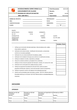 SOCIEDAD MINERA CERRO VERDE S.A.A. ID del Documento: QC-E-030
ASEGURAMIENTO DE CALIDAD Revisión: 0
PRUEBAS DE CIRCUITO DE MOTOR Fecha:
460V ( 480V MCC ) Especialidad: Electricidad
NOMBRE DEL PROYECTO: PROTOCOLOS Nº:
AREA: FECHA:
CODIGO DE FACILIDAD: CONTRATISTA:
PLANOS: HOJA: DE
EQUIPO:
MOTOR TAG N°.:
kW / HP
INTERRUPTOR: AJUSTE:
ARRANCADOR : O/L HTR. SIZE:
TIERRA:
1. Verifique que el arrancador del motor este limpio : libre de residuos como cables .…………………………………………………………………………….
cintas aislante, papeles,etc
2. Verificación de los datos de placa , identificación del arrancador y componentes
conforme con los planos aprobados……………………………………………………………………………………..
3. Verificación de una correcta identificación de tuberias y cables……………………………………………………………
4. Verificación de la instalación del equipo sea conforme a la clasificación de áreas .………………………………..
5. Verifique la instalación de sellos, respiraderos y drenajes .………………………………………………………….
6. Verique los contactos auxiliares y principales de los contactores.…………………………………………
7. Verifique en forma manual la operación del interruptor, contactor, O/L relé and O/L reset
8. Verificación de la continuidad de los cables de fuerza y control.………………………………………………………………..
9. Verifique los esquemas funcionales del control del motor usando los planos
aprobados del fabricante. Apertura y cierre del arrancador usando los dispositivos.………………..
10. Verifique la operación correcta del calefactor de los bobinados del motor .………………………………………………….
11. Verificar que las actividades esten terminadas y puestas : QC-E-012: Motores eléctricos
Actividades eléctricas en el formato: QC-E-032: Motores eléctrico actividades Mecánicas……………………………
mecanicas.
ANOTACIONES
APROBADO
QC Contratista: Supervisor del Contratista: Supervisor SMCV: QA SMCV:
Nombre: …..…………………….. Nombre: …..……………………………………Nombre: …..…………………………………….. Nombre: …..…………………………………
Fecha: …..……………………….. Fecha: …..………………………………………Fecha : …..………………………………………. Fecha : …..…………………………………..
Firma: ……………………………. Firma: ………………………………….………Firma: ………………………………….………… Fecha : ………………………………….……
Iniciales / Fecha
CORRIENTE.:
S.F.
NOMINAL :
mar-09
TENSION:
R.P.M.
TAMAÑO DEL :
CONDUCTOR POTENCIA :
TAMAÑO:
CONTROL:
Realizado por QC del
Contratista:
Nombre:
Fecha:
Firma:
Aprobado por Supervisión de
Contratista:
Nombre:
Fecha:
Firma:
Revisado por QA del
Contratista:
Nombre:
Fecha:
Firma:
Revisado por SMCV:
Nombre:
Fecha:
Firma:
 