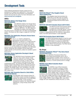 Development Tools
These following development boards support the the              DACs
development of signal chain applications. These product
families may have other demonstration and evaluation            MCP4725 PICtail™ Plus Daughter Board
boards that may also be useful. For more information visit      (MCP4725DM-PTPLS)
www.microchip.com/analogtools                                             This daughter board demonstrates the
                                                                          MCP4725 (12 bit DAC with non-volatile
ADCs                                                                      memory) features using the Explorer 16
MCP3421 Battery Fuel Gauge Demo                                           Development Board and the PICkit Serial
(MCP3421DM-BFG)                                                           Analyzer.
                   The MCP3421 Battery Fuel Gauge Demo
                   Board demonstrates how to measure the        MCP4725 SOT-23-6 Evaluation Board (MCP4725EV)
                   battery voltage and discharging current                         The MCP4725 SOT-23-6 Evaluation Board
                   using the MCP3421. The MCU algorithm                            is a quick and easy evaluation tool for
                   calculates the battery fuel being used.                         the MCP4725 12-bit DAC device. It works
This demo board is shipped with 1.5V AAA non-rechargeable                          with Microchip’s popular PICkit™ Serial
battery. The board can also charge a single-cell 4.2V Li-Ion    Analyzer or independently with the customer’s applications
battery.                                                        board. The PICkit Serial Analyzer is sold separately.
MCP3551 Tiny Application (Pressure) Sensor Demo
(MCP355XDM-TAS)                                                 MCP4728 Evaluation Board (MCP4728EV)
                This 1˝ x 1˝ board is designed to                          The MCP4728 Evaluation Board is a tool for quick
                demonstrate the performance of the                         and easy evaluation of the MCP4728 4-channel
                MCP3550/1/3 devices in a simple low-cost                   12-bit DAC device. It contains the MCP4728
                application. The circuit uses a ratiometric                device and connection pins for the Microchip’s
                sensor configuration and uses the system                   popular PICkit™ Serial Analyzer. The PICkit Serial
                power supply as the voltage reference. The                 Analyzer is sold separately.
extreme common mode rejection capability of the MCP355X
devices, along with their excellent normal mode power
supply rejection at 50 and 60 Hz, allows for excellent system   Op Amps
performance.
                                                                MCP6031 Photodiode PICtail™ Plus Demo Board
MCP3551 Sensor Application Developer’s Board                    (MCP6031DM-PTPLS)
(MCP355XDV-MS1)                                                          The MCP6031 Photodiode PICtail Plus
                  The MCP355X Sensor Developer’s Board                   Demo Board demonstrates how to use a
                  allows for easy system design of high                  transimpedance amplifier, which consists of
                  resolution systems such as weigh scale,                MCP6031 high precision op amp and external
                  temperature sensing, or other small                    resistors, to convert photo-current to voltage.
                  signal systems requiring precise signal
conditioning circuits. The reference design includes LCD        MCP651 Input Offset Evaluation Board
display firmware that performs all the necessary functions      (MCP651EV-VOS)
including ADC sampling, USB communication for PC data
analysis, LCD display output, zero cancellation, full scale                      The MCP651 Input Offset Evaluation
calibration, and units display in gram (g), kilogram (kg) or                     Board is intended to provide a simple
ADC output units.                                                                means to measure the MCP651 Input
                                                                                 Offset Evaluation Board op amp’s input
MCP3901 ADC Evaluation Board for 16-bit MCUs                                     offset voltage under a variety of operating
(MCP3901EV-MCU16)                                               conditions. The measured input offset voltage (VOST) includes
            The MCP3901 ADC Evaluation Board for                the input offset voltage specified in the data sheet (VOS)
            16-bit MCUs system provides the ability to          plus changes due to: power supply voltage (PSRR), common
            evaluate the performance of the MCP3901             mode voltage (CMRR), output voltage (AOL), input offset
            dual channel ADC. It also provides a                voltage drift over temperature (ΔVOS/ΔTA) and 1/f noise.
            development platform for 16-bit PIC based
            applications, using existing 100-pin PIM
            systems.




                                                                                                Signal Chain Design Guide   17
 