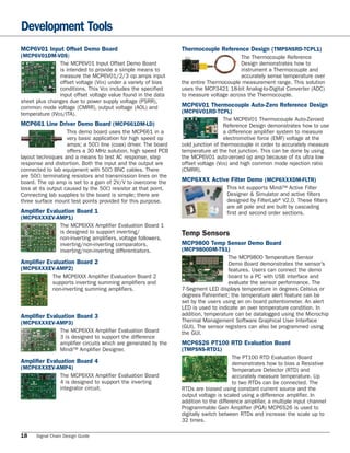 Development Tools
MCP6V01 Input Offset Demo Board                                 Thermocouple Reference Design (TMPSNSRD-TCPL1)
(MCP6V01DM-VOS)                                                                        The Thermocouple Reference
                The MCP6V01 Input Offset Demo Board                                    Design demonstrates how to
                is intended to provide a simple means to                               instrument a Thermocouple and
                measure the MCP6V01/2/3 op amps input                                  accurately sense temperature over
                offset voltage (VOS) under a variety of bias    the entire Thermocouple measurement range. This solution
                conditions. This VOS includes the specified     uses the MCP3421 18-bit Analog-to-Digital Converter (ADC)
                input offset voltage value found in the data    to measure voltage across the Thermocouple.
sheet plus changes due to power supply voltage (PSRR),
common mode voltage (CMRR), output voltage (AOL) and            MCP6V01 Thermocouple Auto-Zero Reference Design
temperature (IVOS/ITA).                                         (MCP6V01RD-TCPL)
                                                                                  The MCP6V01 Thermocouple Auto-Zeroed
MCP661 Line Driver Demo Board (MCP661DM-LD)                                       Reference Design demonstrates how to use
                    This demo board uses the MCP661 in a                          a difference amplifier system to measure
                    very basic application for high speed op                      electromotive force (EMF) voltage at the
                    amps; a 50Ω line (coax) driver. The board   cold junction of thermocouple in order to accurately measure
                    offers a 30 MHz solution, high speed PCB    temperature at the hot junction. This can be done by using
layout techniques and a means to test AC response, step         the MCP6V01 auto-zeroed op amp because of its ultra low
response and distortion. Both the input and the output are      offset voltage (VOS) and high common mode rejection ratio
connected to lab equipment with 50Ω BNC cables. There           (CMRR).
are 50Ω terminating resistors and transmission lines on the
board. The op amp is set to a gain of 2V/V to overcome the      MCP6XXX Active Filter Demo (MCP6XXXDM-FLTR)
loss at its output caused by the 50Ω resistor at that point.                       This kit supports Mindi™ Active Filter
Connecting lab supplies to the board is simple; there are                          Designer & Simulator and active filters
three surface mount test points provided for this purpose.                         designed by FilterLab® V2.0. These filters
                                                                                   are all pole and are built by cascading
Amplifier Evaluation Board 1                                                       first and second order sections.
(MCP6XXXEV-AMP1)
            The MCP6XXX Amplifier Evaluation Board 1
            is designed to support inverting/                   Temp Sensors
            non-inverting amplifiers, voltage followers,
            inverting/non-inverting comparators,                MCP9800 Temp Sensor Demo Board
            inverting/non-inverting differentiators.            (MCP9800DM-TS1)
                                                                                   The MCP9800 Temperature Sensor
Amplifier Evaluation Board 2                                                       Demo Board demonstrates the sensor’s
(MCP6XXXEV-AMP2)                                                                   features. Users can connect the demo
         The MCP6XXX Amplifier Evaluation Board 2                                  board to a PC with USB interface and
         supports inverting summing amplifiers and                                 evaluate the sensor performance. The
         non-inverting summing amplifiers.                      7-Segment LED displays temperature in degrees Celsius or
                                                                degrees Fahrenheit; the temperature alert feature can be
                                                                set by the users using an on board potentiometer. An alert
                                                                LED is used to indicate an over temperature condition. In
Amplifier Evaluation Board 3                                    addition, temperature can be datalogged using the Microchip
(MCP6XXXEV-AMP3)                                                Thermal Management Software Graphical User Interface
                                                                (GUI). The sensor registers can also be programmed using
            The MCP6XXX Amplifier Evaluation Board              the GUI.
            3 is designed to support the difference
            amplifier circuits which are generated by the       MCP6S26 PT100 RTD Evaluation Board
            Mindi™ Amplifier Designer.                          (TMPSNS-RTD1)
                                                                                      The PT100 RTD Evaluation Board
Amplifier Evaluation Board 4                                                          demonstrates how to bias a Resistive
(MCP6XXXEV-AMP4)                                                                      Temperature Detector (RTD) and
            The MCP6XXX Amplifier Evaluation Board                                    accurately measure temperature. Up
            4 is designed to support the inverting                                    to two RTDs can be connected. The
            integrator circuit.                                 RTDs are biased using constant current source and the
                                                                output voltage is scaled using a difference amplifier. In
                                                                addition to the difference amplifier, a multiple input channel
                                                                Programmable Gain Amplifier (PGA) MCP6S26 is used to
                                                                digitally switch between RTDs and increase the scale up to
                                                                32 times.

18    Signal Chain Design Guide
 