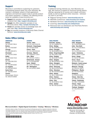 Support                                                                                               Training
Microchip is committed to supporting its customers                                                    If additional training interests you, then Microchip can
in developing products faster and more efficiently. We                                                help. We continue to expand our technical training options,
maintain a worldwide network of field applications                                                    offering a growing list of courses and in-depth curriculum
engineers and technical support ready to provide product                                              locally, as well as significant online resources – whenever
and system assistance. In addition, the following service                                             you want to use them.
areas are available at www.microchip.com:                                                             ■ Regional Training Centers: www.microchip.com/rtc
■ Support link provides a way to get questions                                                        ■ MASTERs Conferences: www.microchip.com/masters
   answered fast: http://support.microchip.com                                                        ■ Worldwide Seminars: www.microchip.com/seminars
■ Sample link offers evaluation samples of any                                                        ■ eLearning: www.microchip.com/webseminars
   Microchip device: http://sample.microchip.com
                                                                                                      ■ Resources from our Distribution and Third Party Partners
■ Forum link provides access to knowledge base and
                                                                                                          www.microchip.com/training
   peer help: http://forum.microchip.com
■ Buy link provides locations of Microchip Sales Channel
   Partners: www.microchip.com/sales



Sales Office Listing
AMERICAS                                          EUROPE                                                 ASIA/PACIFIC                    ASIA/PACIFIC
Atlanta                                           Austria - Wels                                         Australia - Sydney              India - Bangalore
Tel: 678-957-9614                                 Tel: 43-7242-2244-39                                   Tel: 61-2-9868-6733             Tel: 91-80-3090-4444
Boston                                            Denmark - Copenhagen                                   China - Beijing                 India - New Delhi
Tel: 774-760-0087                                 Tel: 45-4450-2828                                      Tel: 86-10-8528-2100            Tel: 91-11-4160-8631
Chicago                                           France - Paris                                         China - Chengdu                 India - Pune
Tel: 630-285-0071                                 Tel: 33-1-69-53-63-20                                  Tel: 86-28-8665-5511            Tel: 91-20-2566-1512
Cleveland                                         Germany - Munich                                       China - Hong Kong SAR           Japan - Yokohama
Tel: 216-447-0464                                 Tel: 49-89-627-144-0                                   Tel: 852-2401-1200              Tel: 81-45-471- 6166
Dallas                                            Italy - Milan                                          China - Nanjing                 Korea - Daegu
Tel: 972-818-7423                                 Tel: 39-0331-742611                                    Tel: 86-25-8473-2460            Tel: 82-53-744-4301
Detroit                                           Netherlands - Drunen                                   China - Qingdao                 Korea - Seoul
Tel: 248-538-2250                                 Tel: 31-416-690399                                     Tel: 86-532-8502-7355           Tel: 82-2-554-7200
Kokomo                                            Spain - Madrid                                         China - Shanghai                Malaysia - Kuala Lumpur
Tel: 765-864-8360                                 Tel: 34-91-708-08-90                                   Tel: 86-21-5407-5533            Tel: 60-3-6201-9857
Los Angeles                                       UK - Wokingham                                         China - Shenyang                Malaysia - Penang
Tel: 949-462-9523                                 Tel: 44-118-921-5869                                   Tel: 86-24-2334-2829            Tel: 60-4-227-8870
Santa Clara                                                                                              China - Shenzhen                Philippines - Manila
Tel: 408-961-6444                                                                                        Tel: 86-755-8203-2660           Tel: 63-2-634-9065
Toronto                                                                                                  China - Wuhan                   Singapore
Mississauga, Ontario                                                                                     Tel: 86-27-5980-5300            Tel: 65-6334-8870
Tel: 905-673-0699                                                                                        China - Xiamen                  Taiwan - Hsin Chu
                                                                                                         Tel: 86-592-2388138             Tel: 886-3-572-9526
                                                                                                         China - Xian                    Taiwan - Kaohsiung
                                                                                                         Tel: 86-29-8833-7252            Tel: 886-7-536-4818
                                                                                                         China - Zhuhai                  Taiwan - Taipei
                                                                                                         Tel: 86-756-3210040             Tel: 886-2-2500-6610
                                                                                                                                         Thailand - Bangkok
                                                                                                                                         Tel: 66-2-694-1351
                                                                                                                                         1/26/09




Information subject to change. The Microchip name and logo, the Microchip logo and PIC are registered trademarks of Microchip
                                                                                                                                  www.microchip.com
Technology Incorporated in the U.S.A. and other countries. FilterLab, MXDEV and MXLAB are registered trademarks of Microchip         Microchip Technology Inc.
Technology Incorporated in the U.S.A. FanSense, Select Mode and WiperLock are trademarks of Microchip Technology Incorporated
in the U.S.A. and other countries. All other trademarks mentioned herein are property of their respective companies.                  2355 W. Chandler Blvd.
© 2010, Microchip Technology Incorporated. All Rights Reserved. Printed in the U.S.A. 4/10                                           Chandler, AZ 85224-6199
DS21825F

*DS21825F*
 