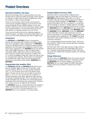 Product Overviews
Operational Amplifiers (Op Amps)                                 Analog-to-Digital Converters (ADC)
Microchip Technology offers a broad portfolio of op amp          Microchip offers a broad portfolio of high-precision
families built on advanced CMOS technology. These families       Delta-Sigma, SAR and Dual Slope A/D Converters. The
are offered in single, dual and quad configurations, which       MCP3550/1/3 Delta-Sigma ADCs offer up to 22-bit
are available in space saving packages.                          resolution with only 120 μA typical current consumption in
These op amp families include devices with Quiescent             a small 8-pin MSOP package. The MCP3421 is a single
Current (IQ) per amplifier between 0.6 μA and 6 mA, with         channel Delta-Sigma ADC and is available in a small 6-pin
a Gain Bandwidth Product (GBWP) between 10 kHz and               SOT-23 package. It includes a voltage reference and PGA.
60 MHz, respectively. The op amp with lowest supply voltage      The user can select the conversion resolution up to 18 bits.
(VDD) operates between 1.4V and 6.0V, while the op amp           The MCP3422/3 and the MCP3424 are two channel and
with highest VDD operates between 6.5V and 16.0V.                four channel versions, respectively, of the MCP3421 device.
                                                                 The MCP300X (10-bit), MCP320X (12-bit) and MCP330X
These op amp families fall into the following categories:        (13-bit) SAR ADCs combine high performance and low
General Purpose, Low Offset, Auto-zeroed, High Speed, Low        power consumption in a small package, making them ideal
Noise and mCal (self calibrating input offset voltage (VOS)).    for embedded control applications. The TC5XX Dual Slope
Comparators                                                      ADC devices offer another alternative with up to 17-bits of
                                                                 conversion resolution.
The MCP6541 and MCP6561 family of comparators
provide ultra low power, 600 nA typical, and higher speed        The “Analog-to-Digital Converter Design Guide” (Microchip
with 40 ns propagation delay, respectively. The MCP6541          Document No. 21841) shows various application examples
family low operating current is suitable for battery powered     of the ADC devices.
application and the output drive capability is ideal for alert   Microchip also offers many high accuracy energy metering
buzzer driver applications. The MCP6561 family with greater      devices which are based on the Delta-Sigma ADC cores.
than 4 MHz toggle frequency is ideal for higher speed            The “Complete Utility Metering Solution Guide” (Microchip
embedded system applications where sinusoidal output             Document No: 24930) offers detailed solutions for metering
from sensors to square wave conversion is needed. The            applications.
47 ns typical propagation delay also makes this device ideal
for microprocessor interface. Both families of comparators
                                                                 Voltage References
are available with single, dual and quad as well as with         Microchip offers the MCP15XX family of low power and low
push-pull and open-drain output options (MCP6546 and             dropout precision Voltage References. The family includes
MCP6566).                                                        the MCP1525 with an output voltage of 2.5V and the
                                                                 MCP1541 with an output voltage of 4.096V. Microchip’s
Programmable Gain Amplifier (PGA)                                voltage references are offered in SOT23-3 and TO-92
The MCP6S21/2/6/8 and MCP6S91/2/3 PGA families                   packages.
give the designer digital control over an amplifier using
a serial interface (SPI bus). An input analog multiplexer
with 1, 2, 6 or 8 inputs can be set to the desired input
signal. The gain can be set to one of eight non-inverting
gains: +1, 2, 4, 5, 8, 10, 16 and 32 V/V. In addition, a
software shutdown mode offers significant power savings
for portable embedded designs. This is all achieved in one
simple integrated part that allows for considerably greater
bandwidth, while maintaining a low supply current. Systems
with multiple sensors are significantly simplified.
The MCP6G01 family are analog Selectable Gain Amplifiers
(SGA). The Gain Select input pin(s) set a gain of +1 V/V,
+10 V/V and +50 V/V. The Chip Select pin on the
MCP6G03 puts it into shutdown to conserve power.




4   Signal Chain Design Guide
 