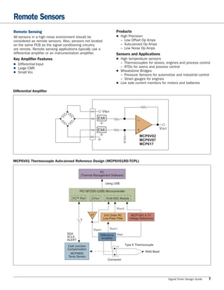 Remote Sensors
Remote Sensing                                                        Products
All sensors in a high noise environment should be                     ■High Precision
considered as remote sensors. Also, sensors not located                 – Low Offset Op Amps
on the same PCB as the signal conditioning circuitry                    – Auto-zeroed Op Amps
are remote. Remote sensing applications typically use a                 – Low Noise Op Amps
differential amplifier or an instrumentation amplifier.               Sensors and Applications
Key Amplifier Features                                                ■High temperature sensors
■Differential Input                                                    – Thermocouples for stoves, engines and process control
■Large CMR                                                             – RTDs for ovens and process control
■Small VOS                                                           ■Wheatstone Bridges
                                                                        – Pressure Sensors for automotive and industrial control
                                                                        – Strain gauges for engines
                                                                      ■Low side current monitors for motors and batteries

Differential Ampliﬁer




                                                           VREF
                                                      EMI                             –


                                                      EMI
                                                                                      +                VOUT

                                                                                       MCP6V02
                                                                                       MCP6V07
                                                                                       MCP617



MCP6V01 Thermocouple Auto-zeroed Reference Design (MCP6V01RD-TCPL)


                                                      PC
                                         (Thermal Management Software)

                                                            Using USB

                                         PIC18F2550 (USB) Microcontroller

                                    I2C™ Port    CVREF      10-bit ADC Module


                                                                      VOUT2

                                                 x1         2nd Order RC         MCP1541 4.1V
                                         3                 Low-Pass Filter      Voltage Reference


                                                  VSHIFT          VOUT1
                                 SDA                     Difference   VREF
                                 SCLK                    Amplifier
                                 ALERT

                                 Cold Junction                                Type K Thermocouple
                                                                      +
                                 Compensation
                                                                                           Weld Bead
                                   MCP9800
                                 Temp Sensor                        –
                                                              Connector




                                                                                                              Signal Chain Design Guide   7
 