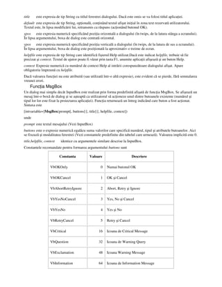 title este expresia de tip String cu titlul ferestrei dialogului. Dacă este omis se va folosi titlul aplica iei.
default este expresia de tip String, op ională, con inând textul afişat ini ial în zona text rezervată utilizatorului.
Textul este, în lipsa modificării lui, retransmis ca răspuns (ac ionând butonul OK).
xpos este expresia numerică specificând pozi ia orizontală a dialogului (în twips, de la latura stânga a ecranului).
În lipsa argumentului, boxa de dialog este centrată orizontal.
ypos este expresia numerică specificând pozi ia verticală a dialogului (în twips, de la latura de sus a ecranului).
În lipsa argumentului, boxa de dialog este pozi ionată la aproximativ o treime de ecran.
helpfile este expresia de tip String care identifică fişierul Help utilizat.Dacă este indicat helpfile, trebuie să fie
precizat şi context. Textul de ajutor poate fi văzut prin tasta F1, anumite aplica ii afişează şi un buton Help.
context Expresie numerică cu numărul de context Help al intrării corespunzătoare dialogului afişat. Apare
obligatoriu împreună cu helpfile.
Dacă valoarea func iei nu este atribuită (sau utilizată într-o altă expresie), este evident că se pierde, fără semnalarea
vreunei erori.
Func ia MsgBox
Un dialog mai simplu decât InputBox este realizat prin forma predefinită afişată de func ia MsgBox. Se afişează un
mesaj într-o boxă de dialog şi se aşteaptă ca utilizatorul să ac ioneze unul dintre butoanele existente (numărul şi
tipul lor lor este fixat la proiectarea aplica iei). Func ia returnează un întreg indicând care buton a fost ac ionat.
Sintaxa este
[intvariable=]MsgBox(prompt[, buttons] [, title] [, helpfile, context])
unde
prompt este textul mesajului (Vezi InputBox)
buttons este o expresie numerică egalăcu suma valorilor care specifică numărul, tipul şi atributele butoanelor. Aici
se fixează şi modalitatea ferestrei (Vezi constantele predefinite din tabelul care urmează). Valoarea implicită este 0.
title,helpfile, context identice cu argumentele similare descrise la InputBox.
Constantele recomandate pentru formarea argumentului buttons sunt
Constanta Valoare Descriere
VbOKOnly 0 Numai butonul OK
VbOKCancel 1 OK şi Cancel
VbAbortRetryIgnore 2 Abort, Retry şi Ignore
VbYesNoCancel 3 Yes, No şi Cancel
VbYesNo 4 Yes şi No
VbRetryCancel 5 Retry şi Cancel
VbCritical 16 Icoana de Critical Message
VbQuestion 32 Icoana de Warning Query
VbExclamation 48 Icoana Warning Message
VbInformation 64 Icoana de Information Message
 